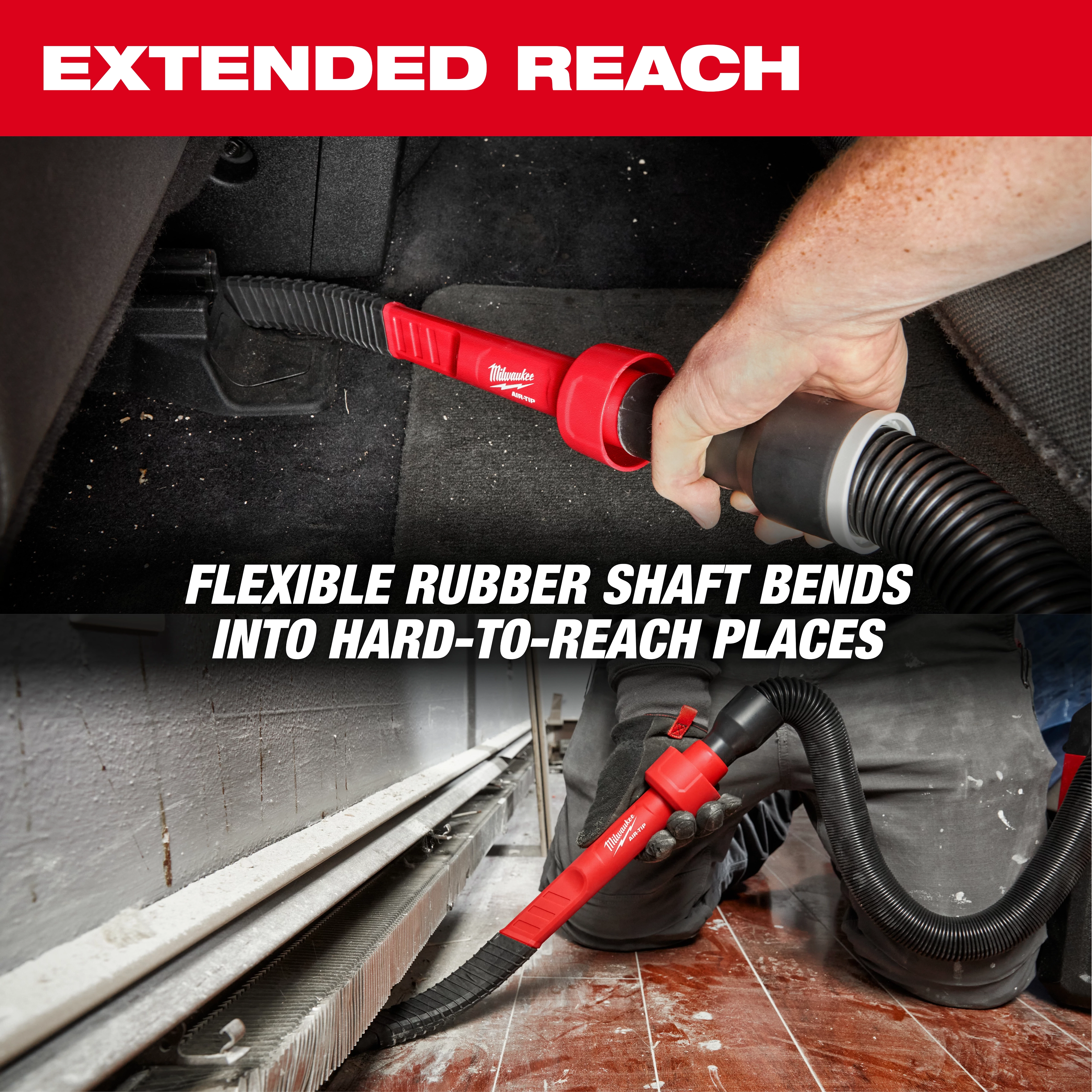 A person uses the AIR-TIP™ Flexible Long Reach Crevice Tool to clean hard-to-reach areas. The flexible rubber shaft bends easily, making it effective for various cleaning tasks. Text on the image reads, "EXTENDED REACH" and "FLEXIBLE RUBBER SHAFT BENDS INTO HARD-TO-REACH PLACES."