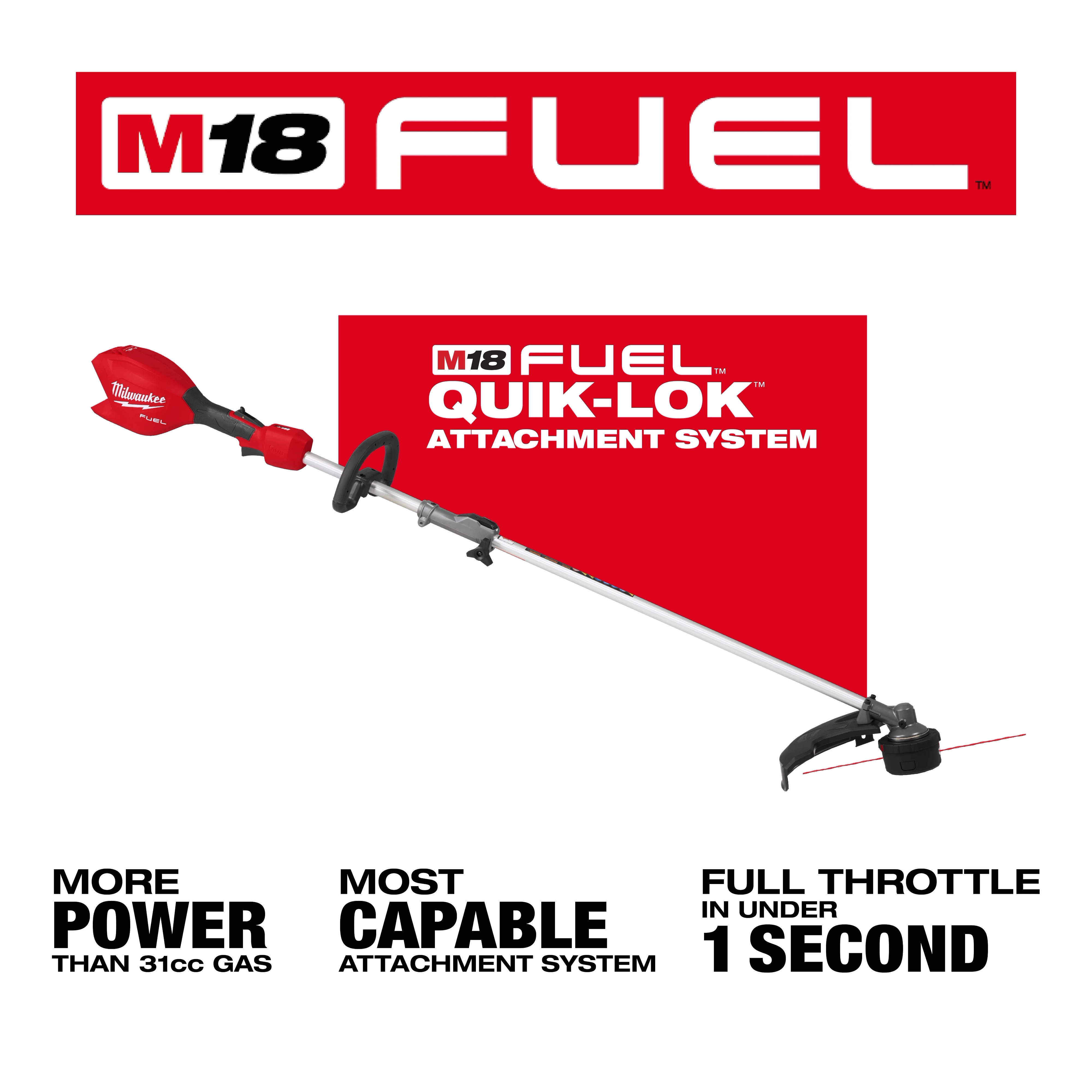 Image of the M18 FUEL™ String Trimmer w/ QUIK-LOK™ attachment system. The trimmer features a red and black design. Text highlights include "More power than 31cc gas," "Most capable attachment system," and "Full throttle in under 1 second." The brand logo appears on top with "M18 FUEL™" text.