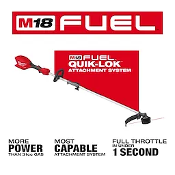 Image of the M18 FUEL™ String Trimmer w/ QUIK-LOK™ attachment system. The trimmer features a red and black design. Text highlights include "More power than 31cc gas," "Most capable attachment system," and "Full throttle in under 1 second." The brand logo appears on top with "M18 FUEL™" text.