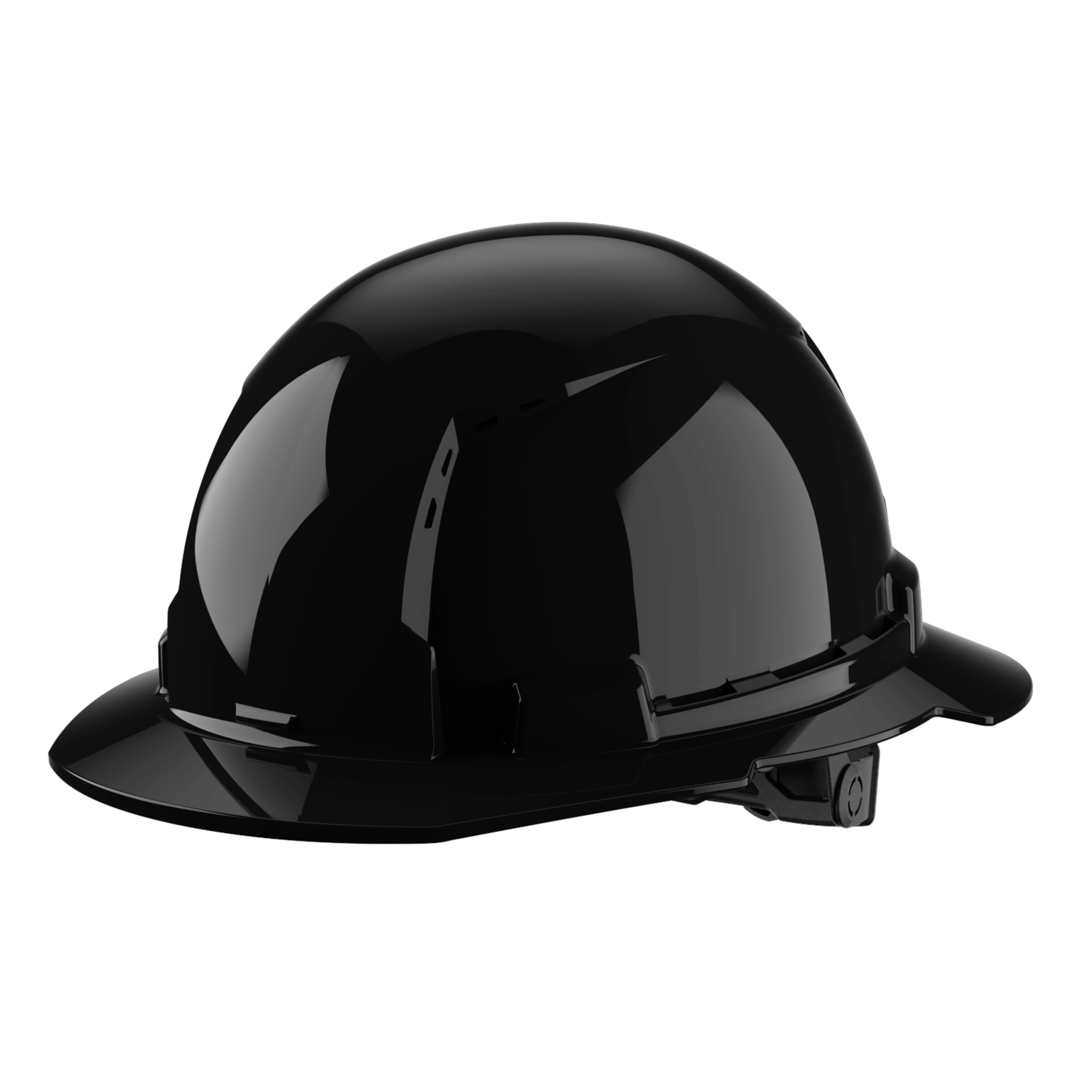 A glossy black hard hat with a wide brim and adjustable strap.