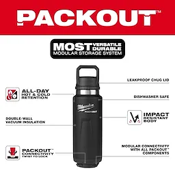 Walkaround image of the Milwaukee PACKOUT 36oz Insulated Bottle with Chug Lid in black highlighting its USPs