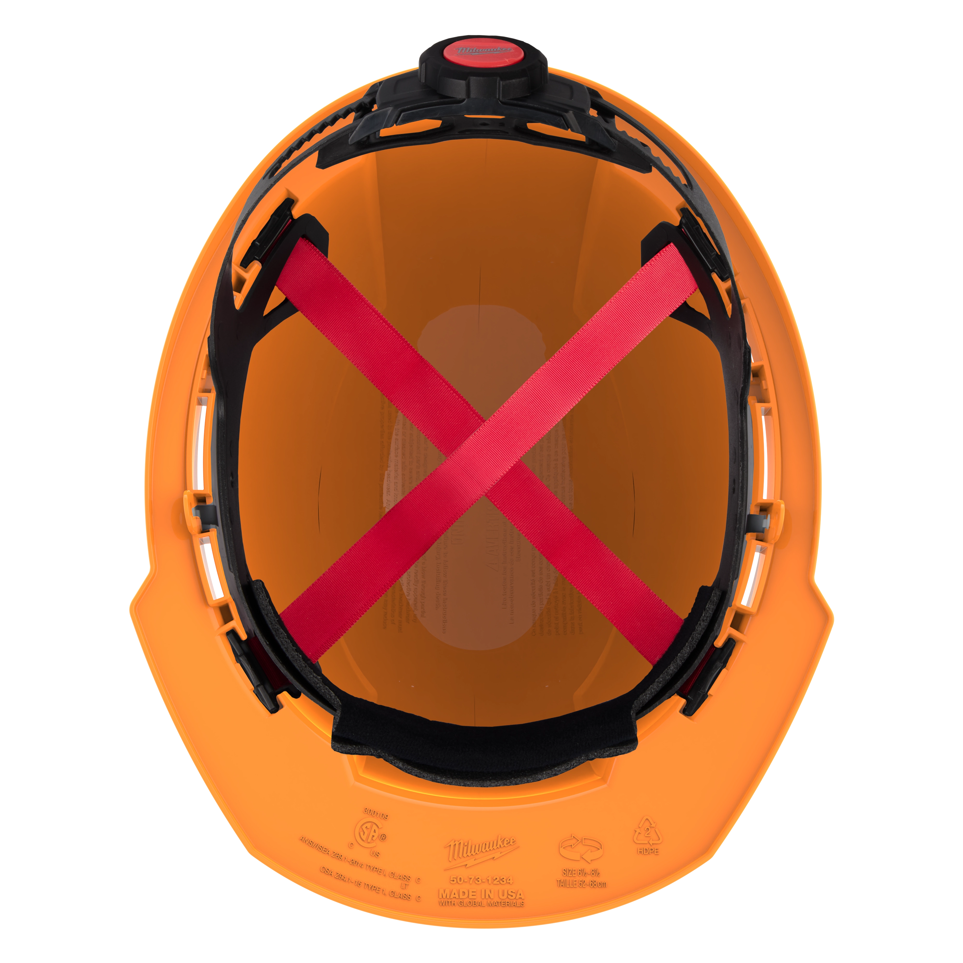 Top view of an orange safety helmet with black and red inner straps and a black cushion.