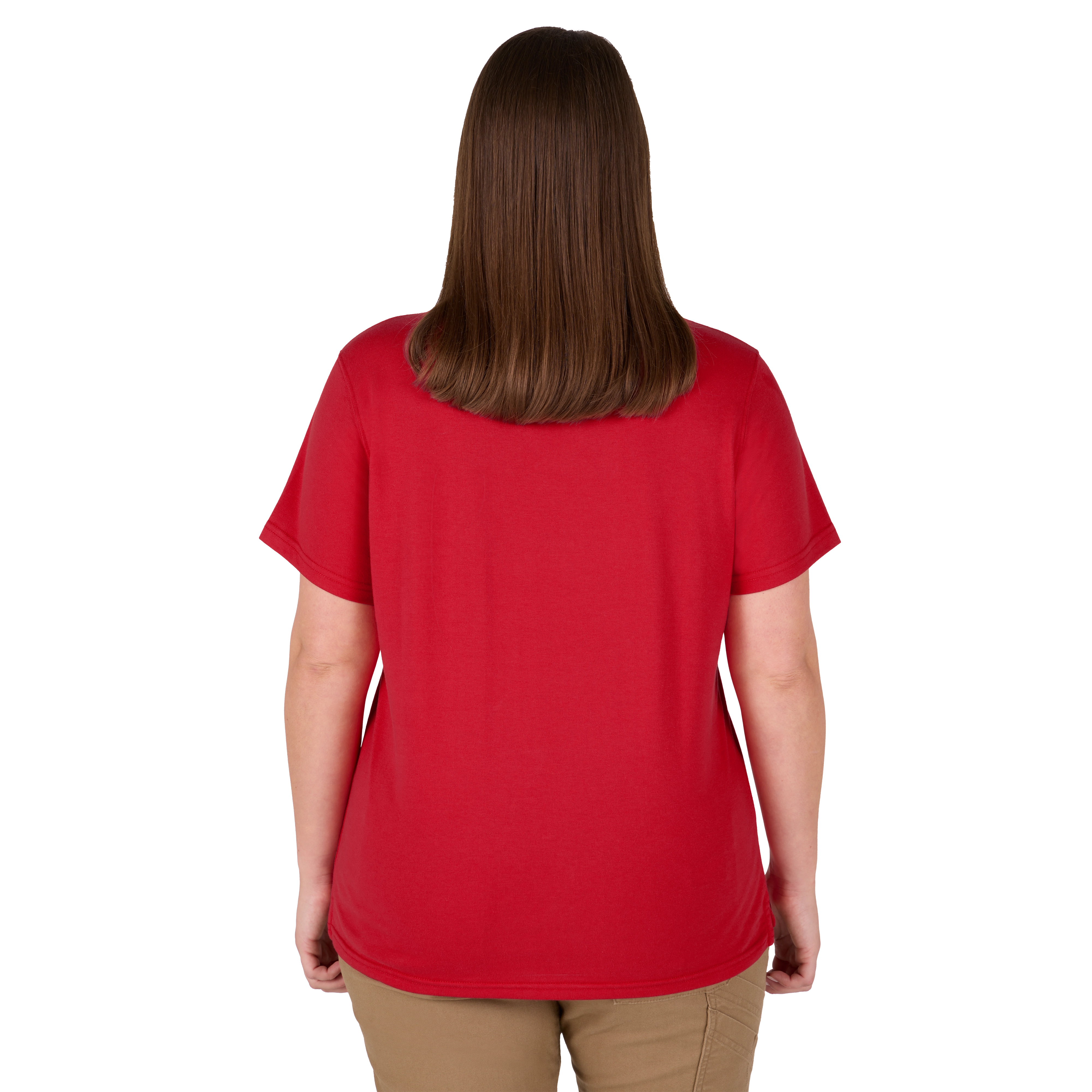 A woman is shown from the back, wearing a Women's GRIDIRON™ Logo Tee - Short Sleeve Red. The shirt is plain red and has short sleeves. She has medium-length brown hair and is also wearing beige pants.