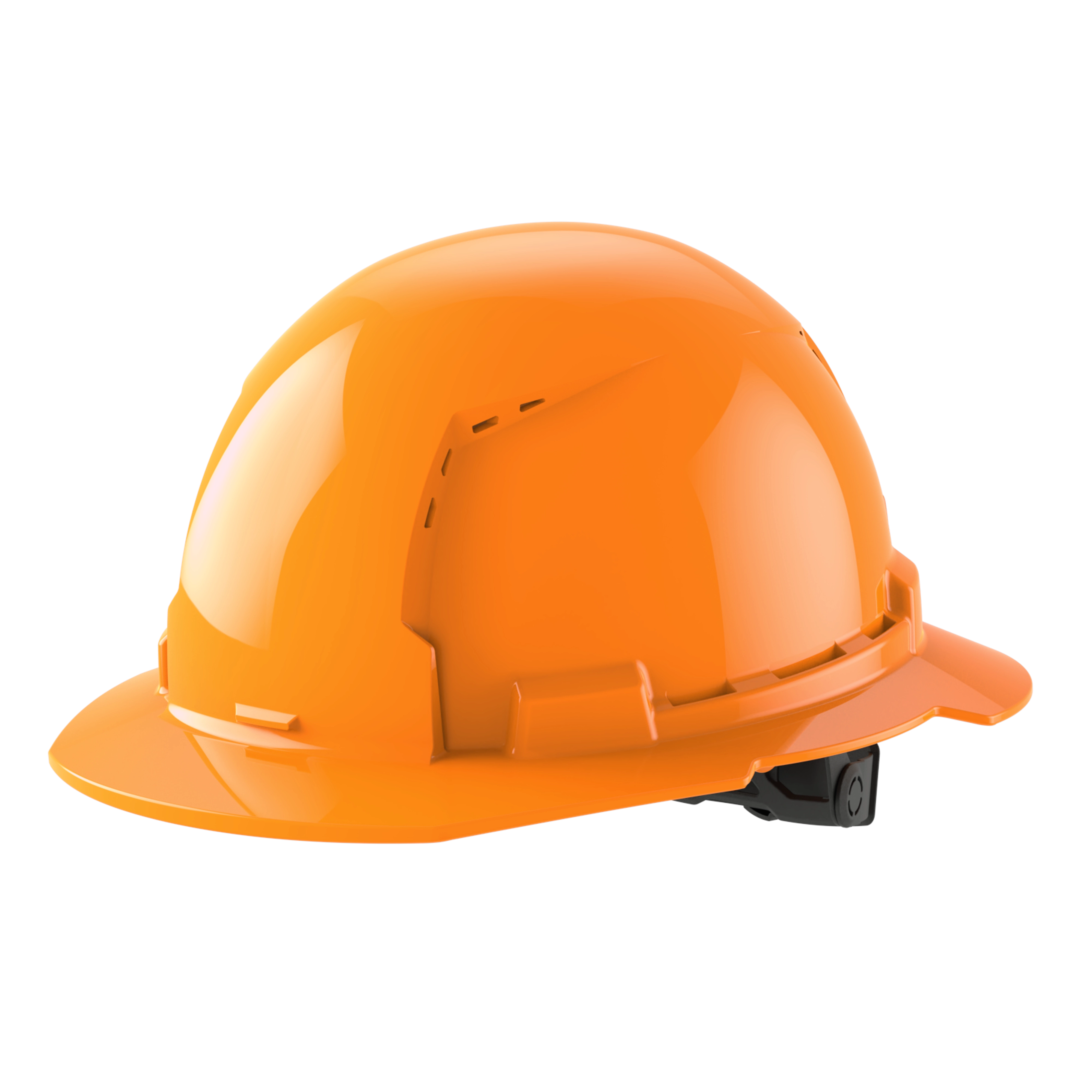 An orange construction hard hat with a brim and an adjustable headband.