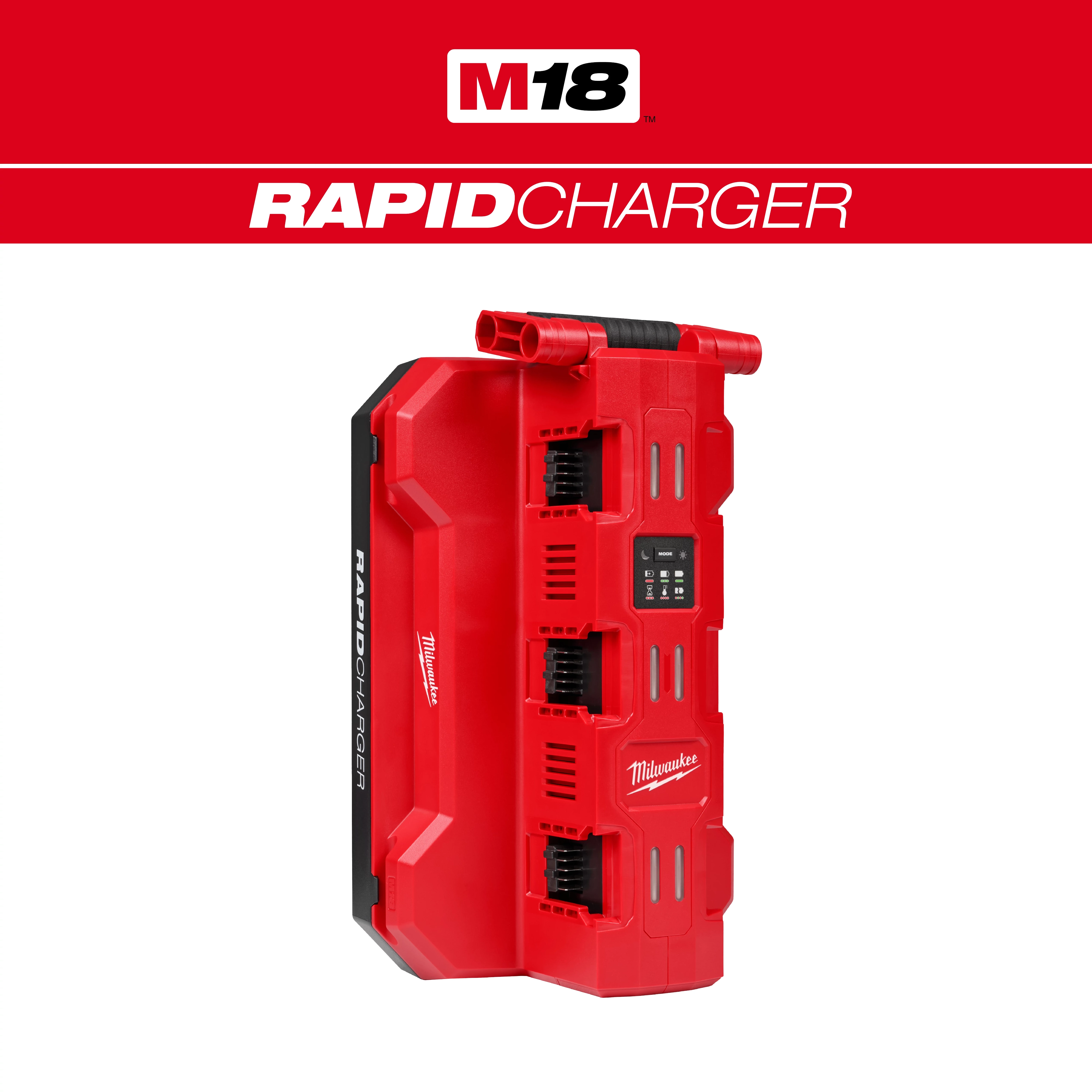 The image features the M18™ Six Bay Daisy Chain Rapid Charger. The red and black charger has six slots, each housing an M18 battery. The product branding includes "M18" at the top and "Rapid Charger" on the side. The charger is designed for efficient simultaneous battery charging.