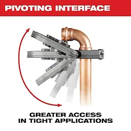 Image of the Milwaukee CTS-V Pivoting Press Ring Pivoting Interface with the text "Pivoting Interface. Greater Access in Tight Applications."