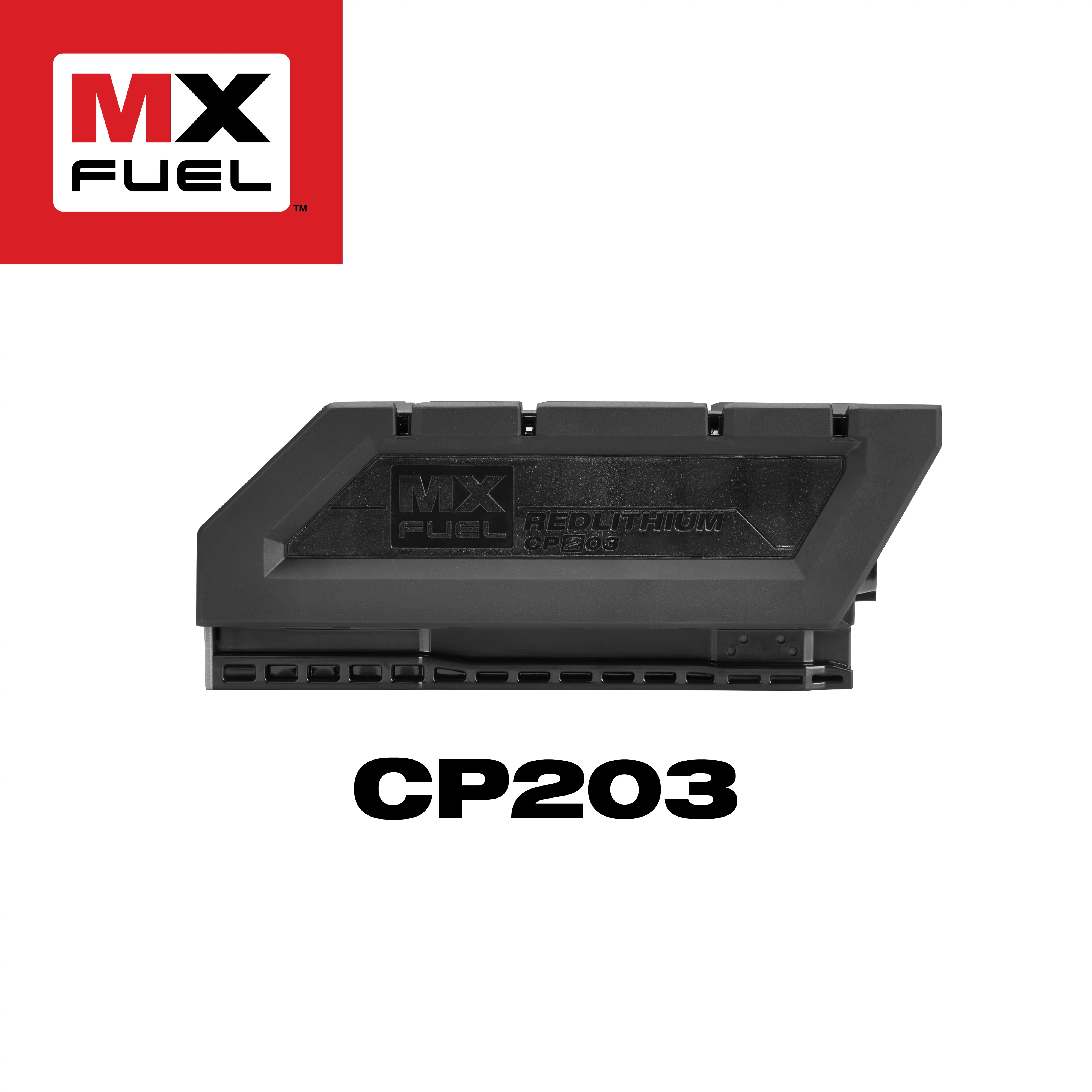 Black MX Fuel CP203 battery pack, "MX Fuel" logo on a red background, and "CP203" text below the battery.