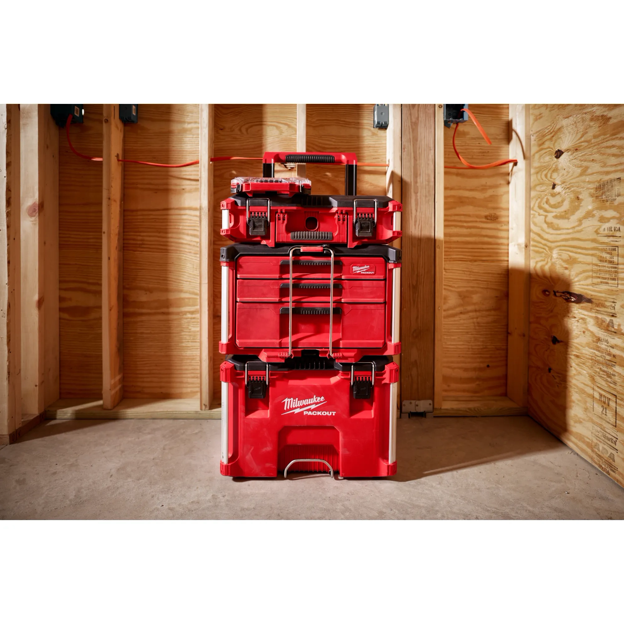 The PACKOUT 3-Drawer Tool Box stacked with other PACKOUTs for customizable storage