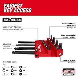 Walkaround image of the Milwaukee Metric 9-Key Ball End L-Key Set highlighting the USPs with the text "easiest key access"