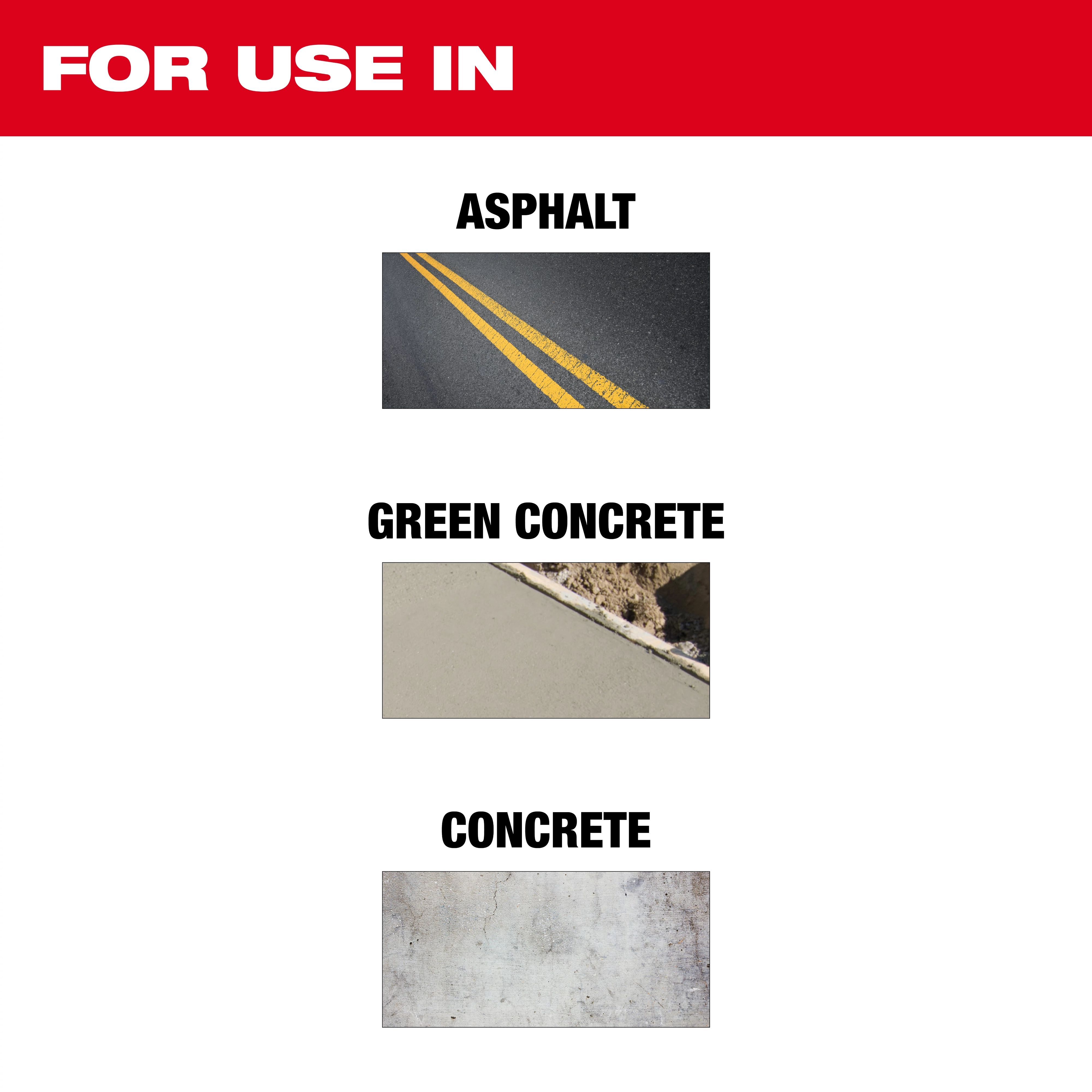 The image shows the text "FOR USE IN" with photos of materials labeled "ASPHALT," "GREEN CONCRETE," and "CONCRETE," representing suitable uses for the Asphalt & Green Concrete Segmented Diamond Blade.