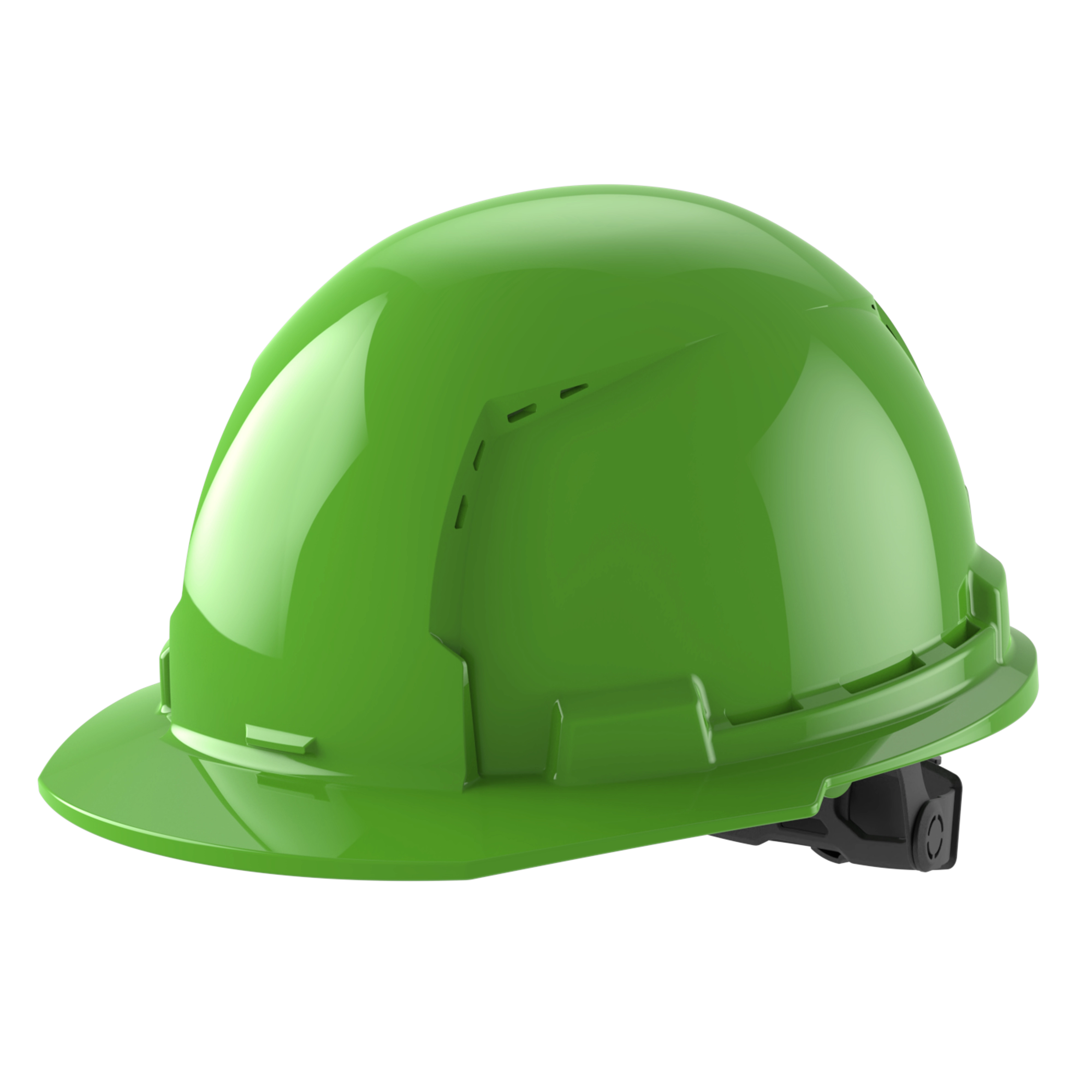 A shiny green hard hat with a brim and adjustable head strap.