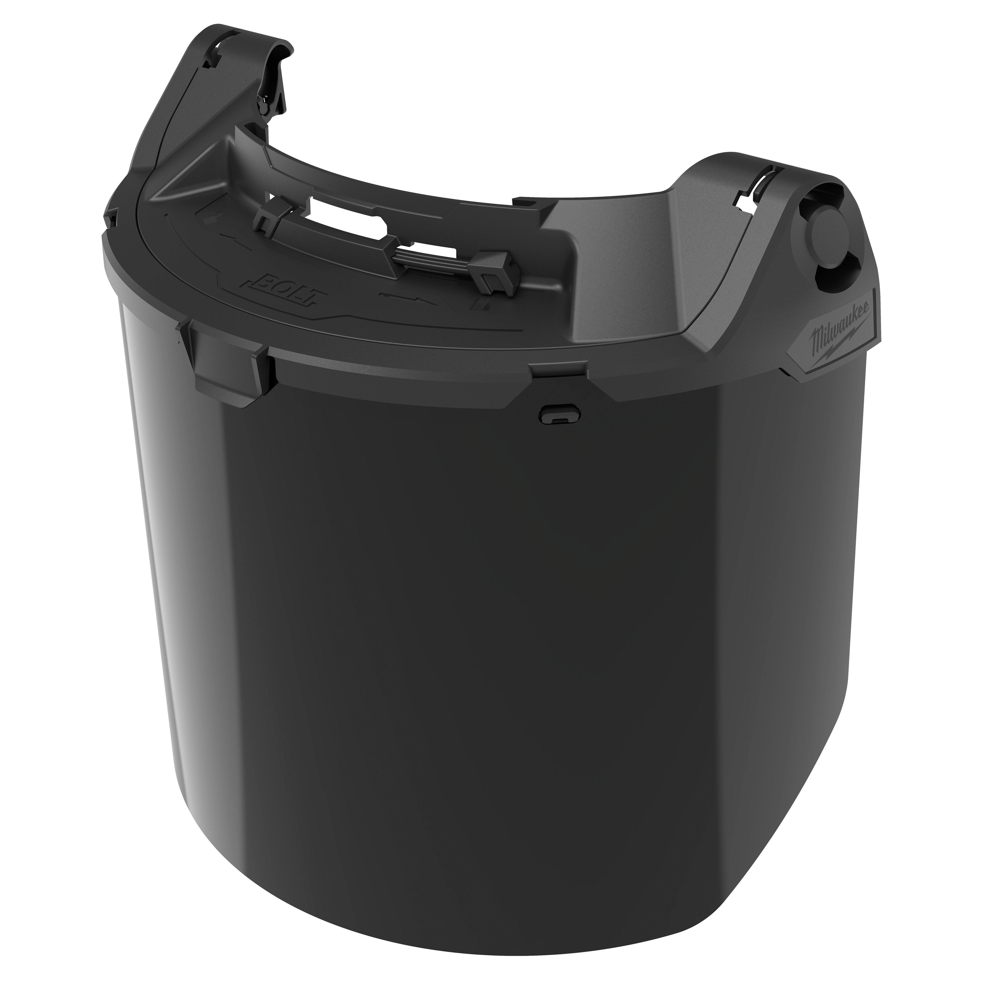 Black protective face shield with a top attachment for securing.