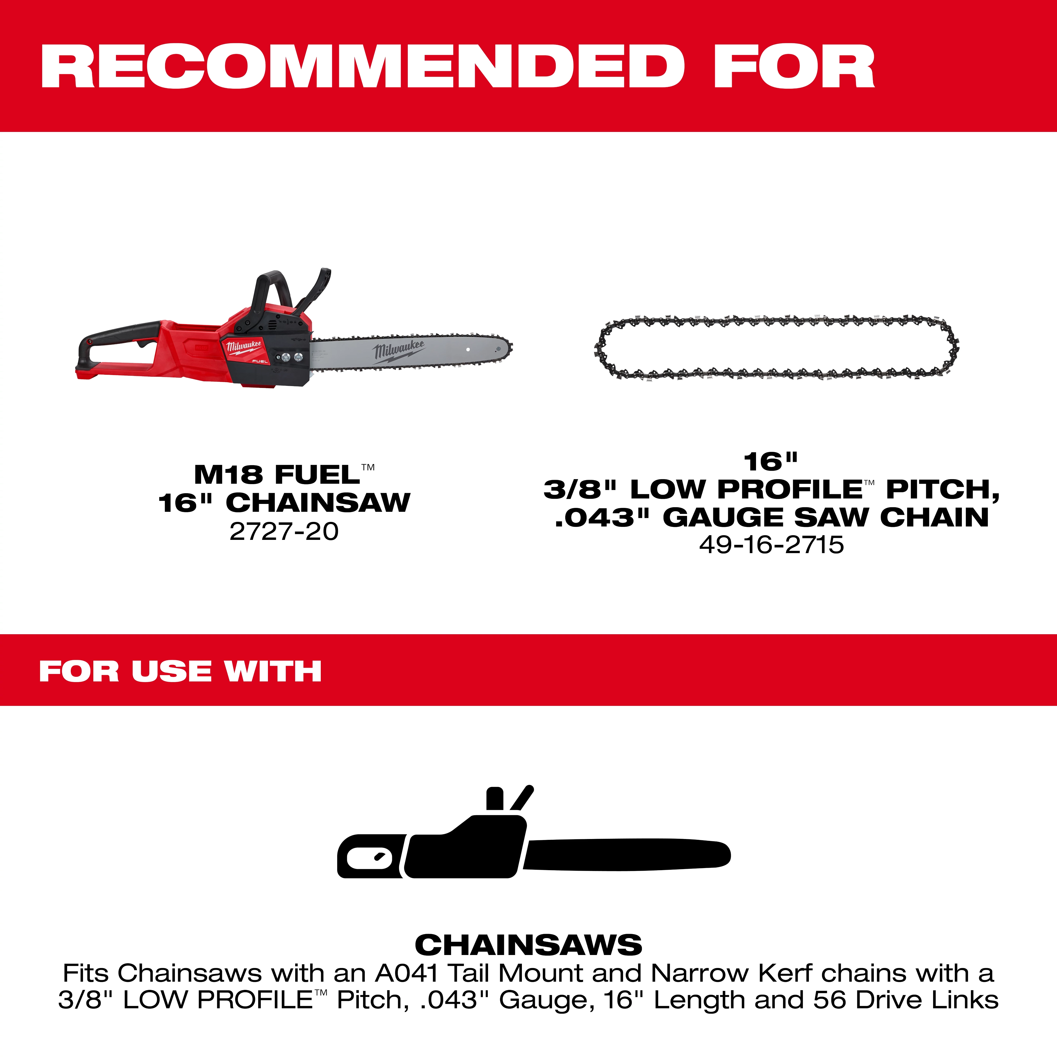 The image displays product recommendations for chainsaws. The recommended products include the M18 Fuel 16" Chainsaw (model 2727-20) and a 16" 3/8" Low Profile Pitch, .043" Gauge Saw Chain (model 49-16-2715). Below, there is a red banner stating "For use with," followed by a chainsaw icon and a description indicating compatibility with chainsaws using an A041 Tail Mount and Narrow Kerf chains of the specified dimensions.