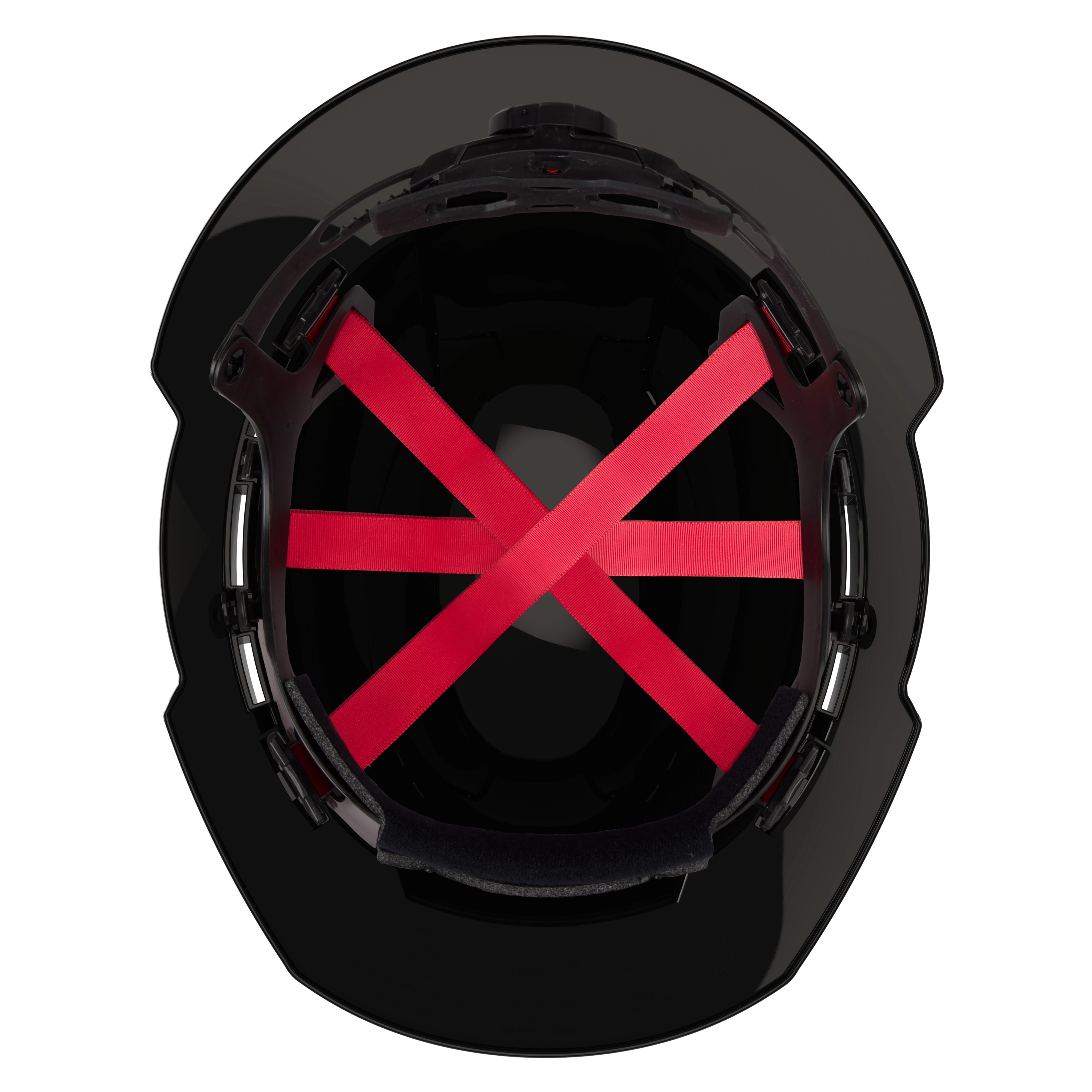 Interior of a black safety helmet with red straps and a black padding.