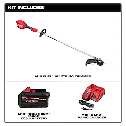 Kit includes M18 FUEL 16" string trimmer, M18 REDLITHIUM FORGE XC8.0 battery, and M18