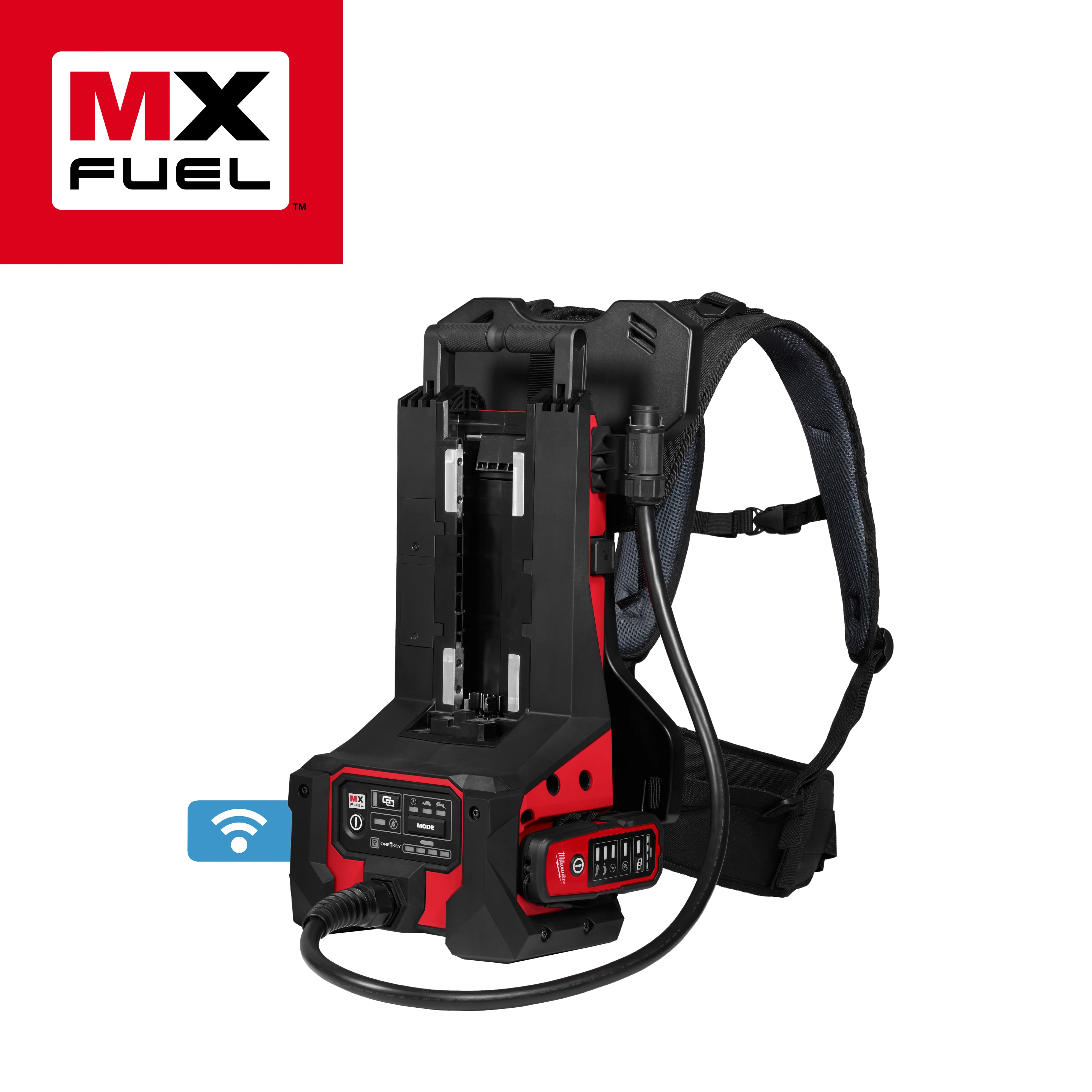 The image features the MX FUEL™ Portable Pump Power Base, a red and black device with a backpack-style harness. It includes control buttons, a digital display, and a connected hose. The MX FUEL™ logo appears in the top left corner.