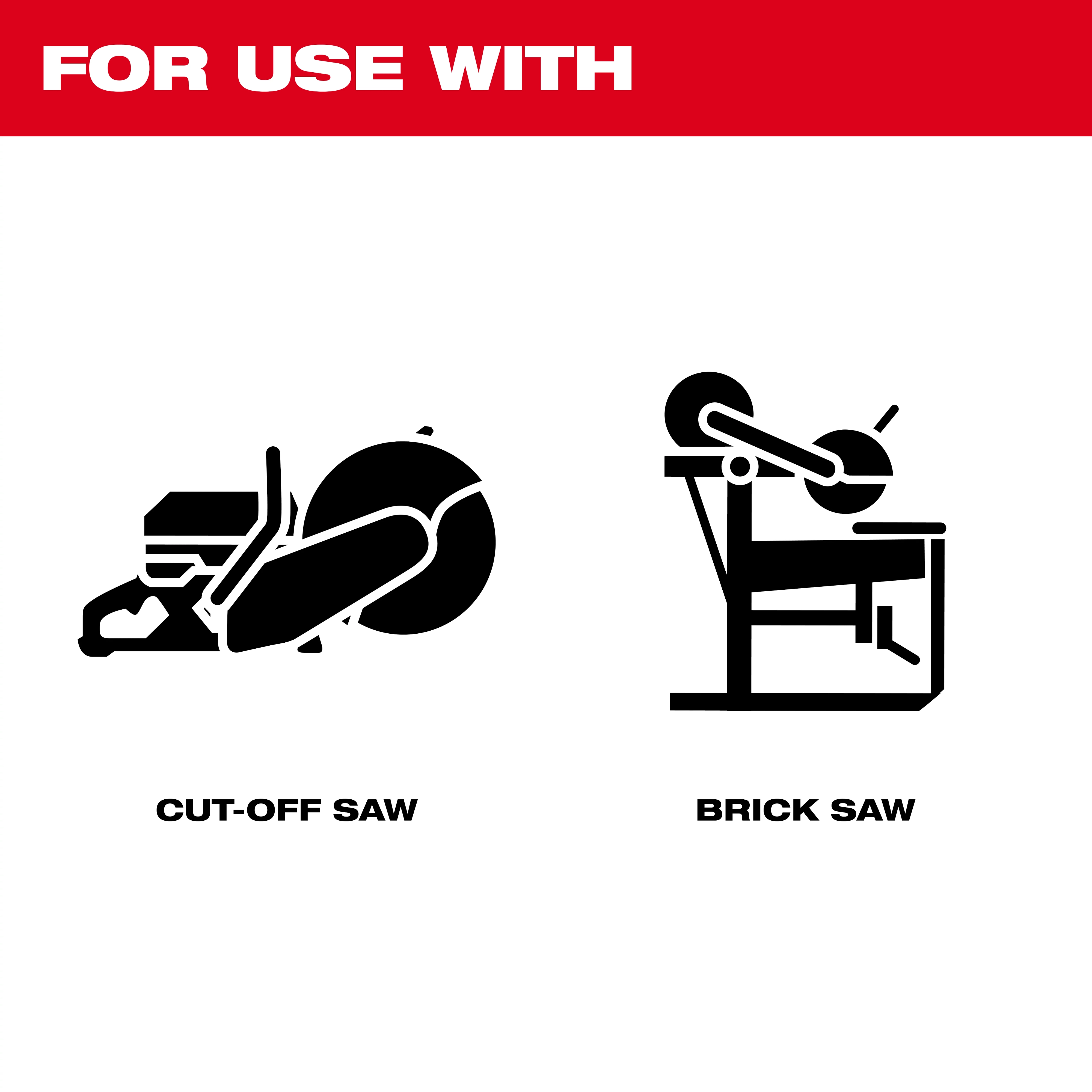 The image shows icons of a cut-off saw and a brick saw with the text "FOR USE WITH" above. The Ductile Iron Segmented Diamond Blade is suitable for both the cut-off saw and the brick saw.