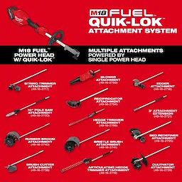 Image displaying the M18 FUEL™ Power Head w/ QUIK-LOK™ and its various attachments. The attachments include: string trimmer, blower, edger, 10" pole saw, reciprocator, hedge trimmer, 3' extension, rubber broom, bristle brush, bed redefiner, brush cutter, and articulating hedge trimmer, and cultivator. The text emphasizes that the multiple attachments are powered by a single M18 FUEL™ Power Head with the QUIK-LOK™ system.