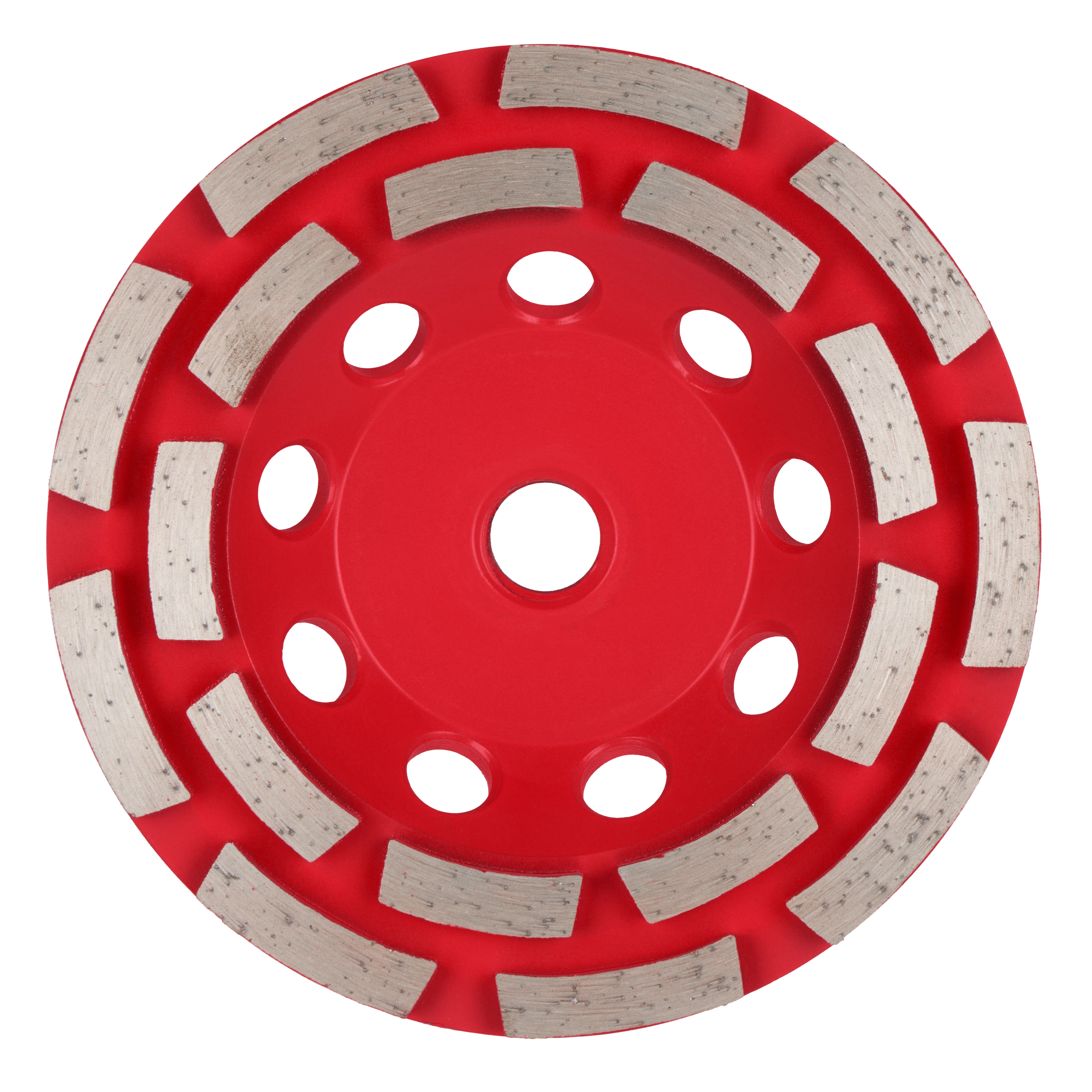 Image of a 5" DIAMOND MAX™ Double Row Diamond Cup Wheel. The wheel is red with grey diamond segments arranged in two rows on the outer edge, and multiple circular holes near the center.