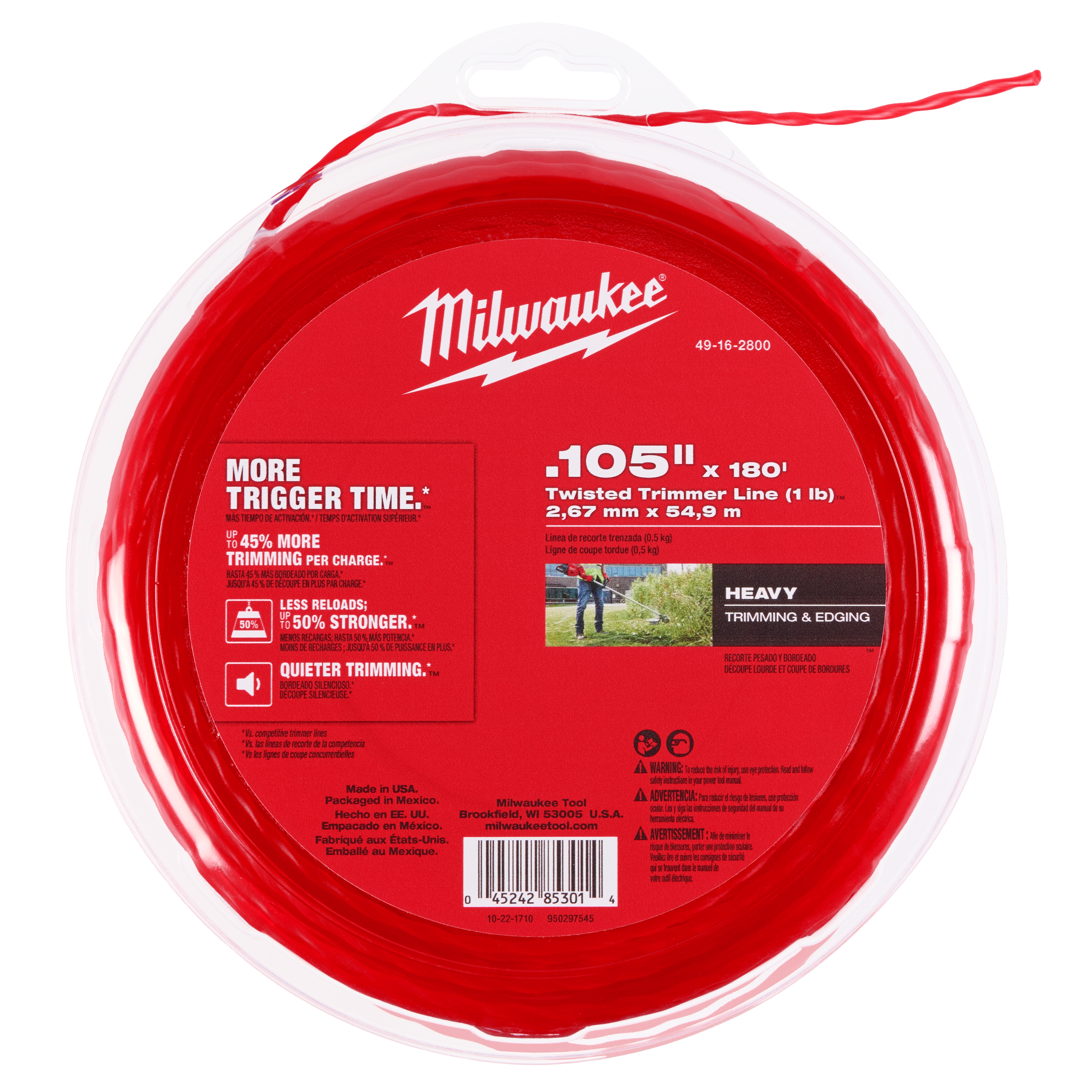 A spool of Milwaukee .105" x 180' Trimmer Line in red packaging. The label highlights features such as longer life, greater cutting power, and longer run-time. The product is made from high-grade polymers with a twisted design.