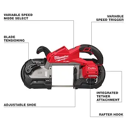 M18 FUEL Deep Cut Dual Trigger Band Saw w/ ONE-KEY with labeled features: variable speed, blade tensioning, adjustable shoe, tether attachment, rafter hook.