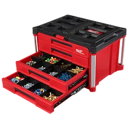 PACKOUT Multi-Depth 4-Drawer Tool Box with screws, tape, bolts, and more organized 