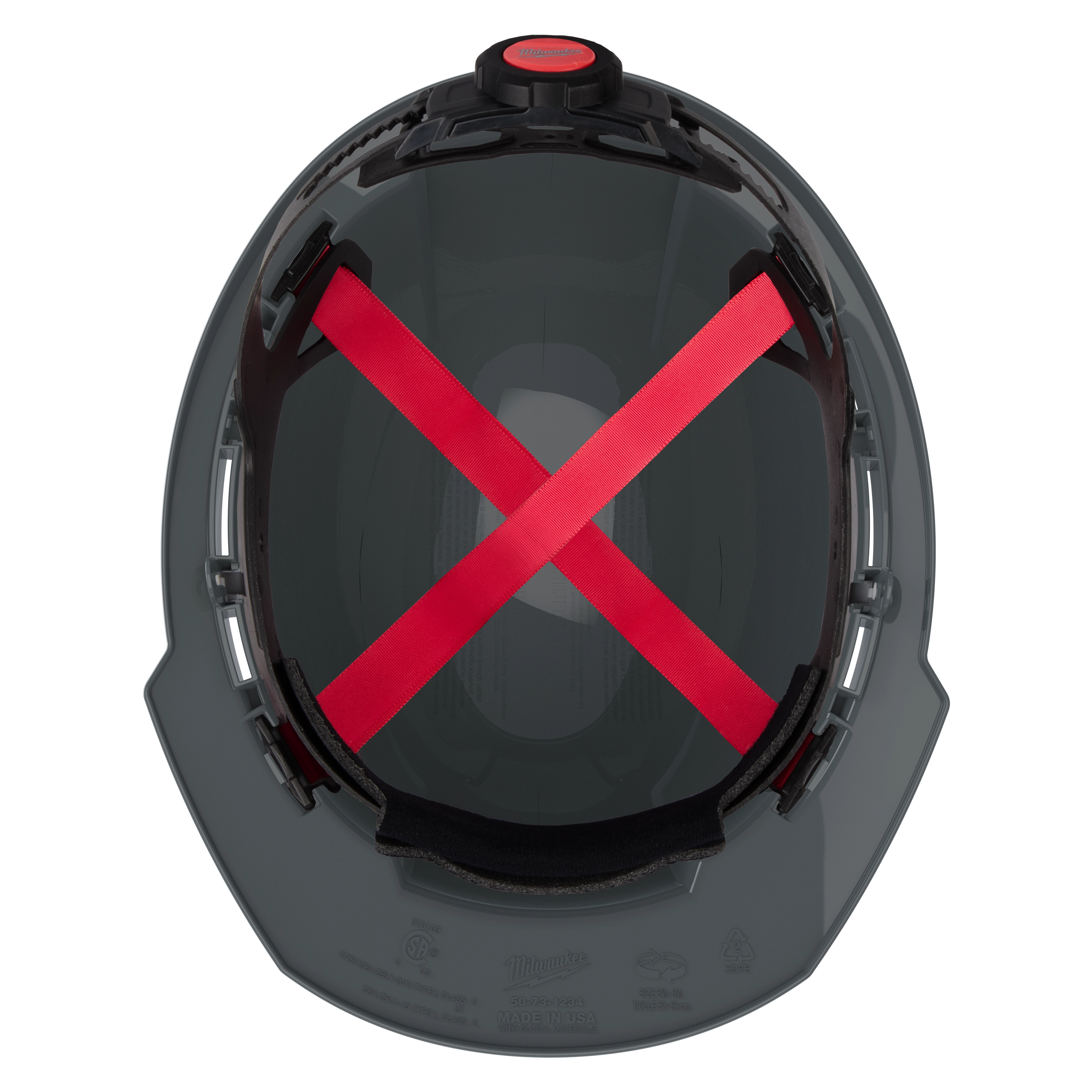 Interior view of a safety helmet with red adjustable straps.