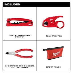 Kit includes coax compression crimper, coax stripper, 6" comfort grip diagonal cutting pliers, zipper pouch