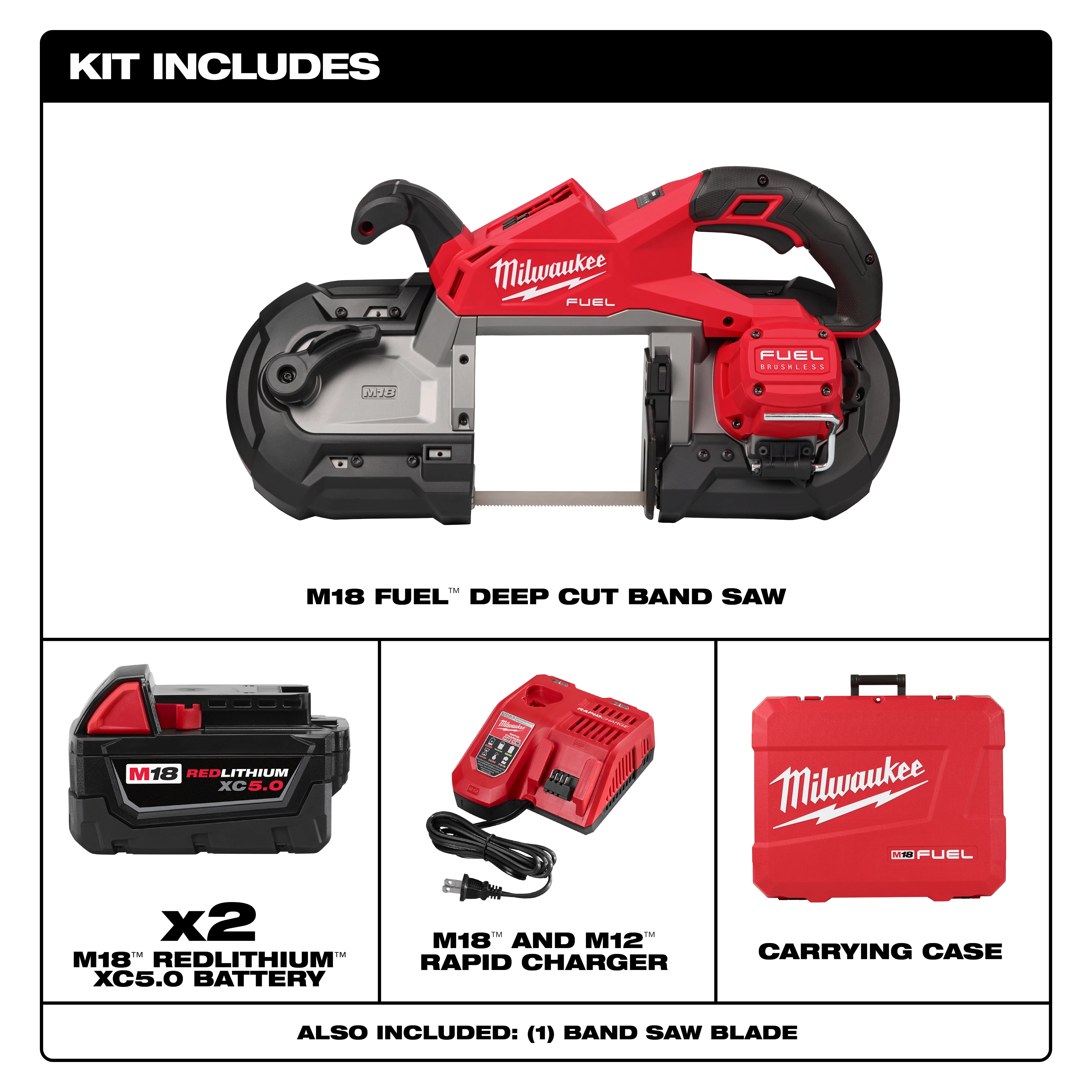 Image of the Milwaukee M18 FUEL Deep Cut Band Saw Kit with two batteries, charger, and carrying case