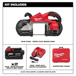 Image of the Milwaukee M18 FUEL Deep Cut Band Saw Kit with two batteries, charger, and carrying case