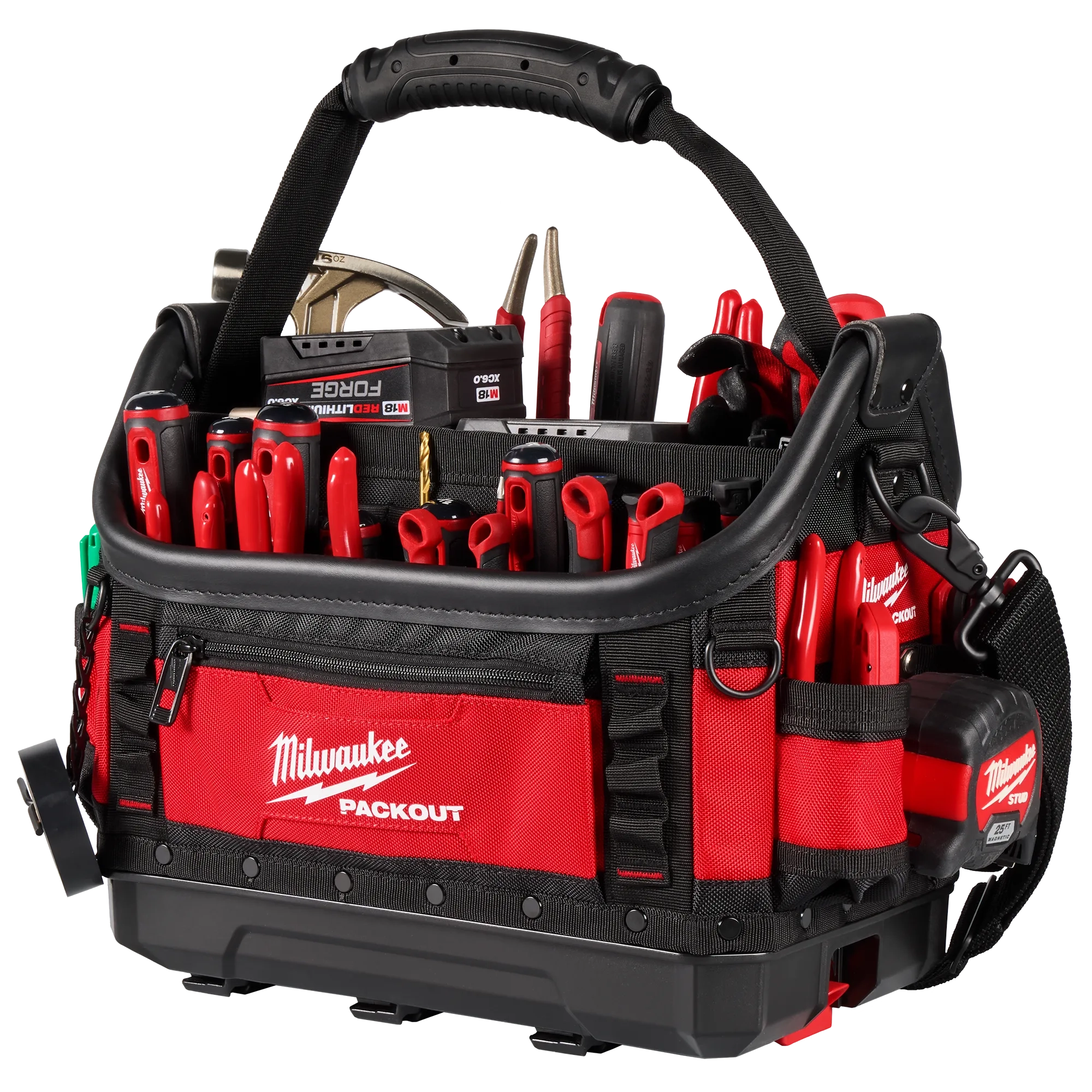 Image of the Milwaukee PACKOUT 15" Structured Tote highlighting its tool storage capabilities