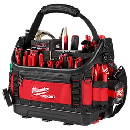 Image of the Milwaukee PACKOUT 15" Structured Tote highlighting its tool storage capabilities