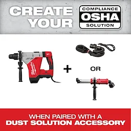 "Milwaukee power drill with OSHA compliance text, plus optional dust solution accessories."