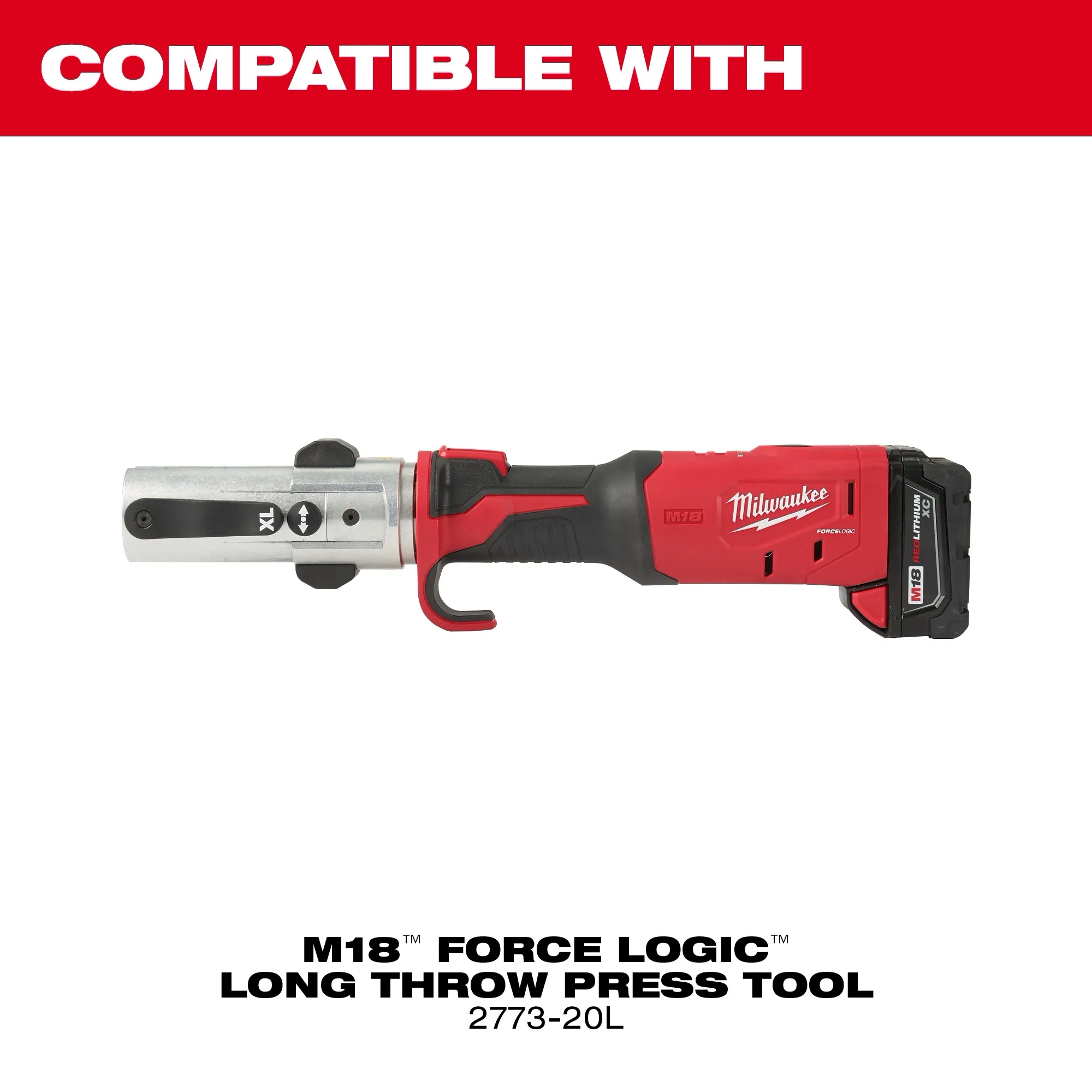 Image of the Milwaukee M18 Force Logic Long Throw Press Tool with the text "Compatible With"