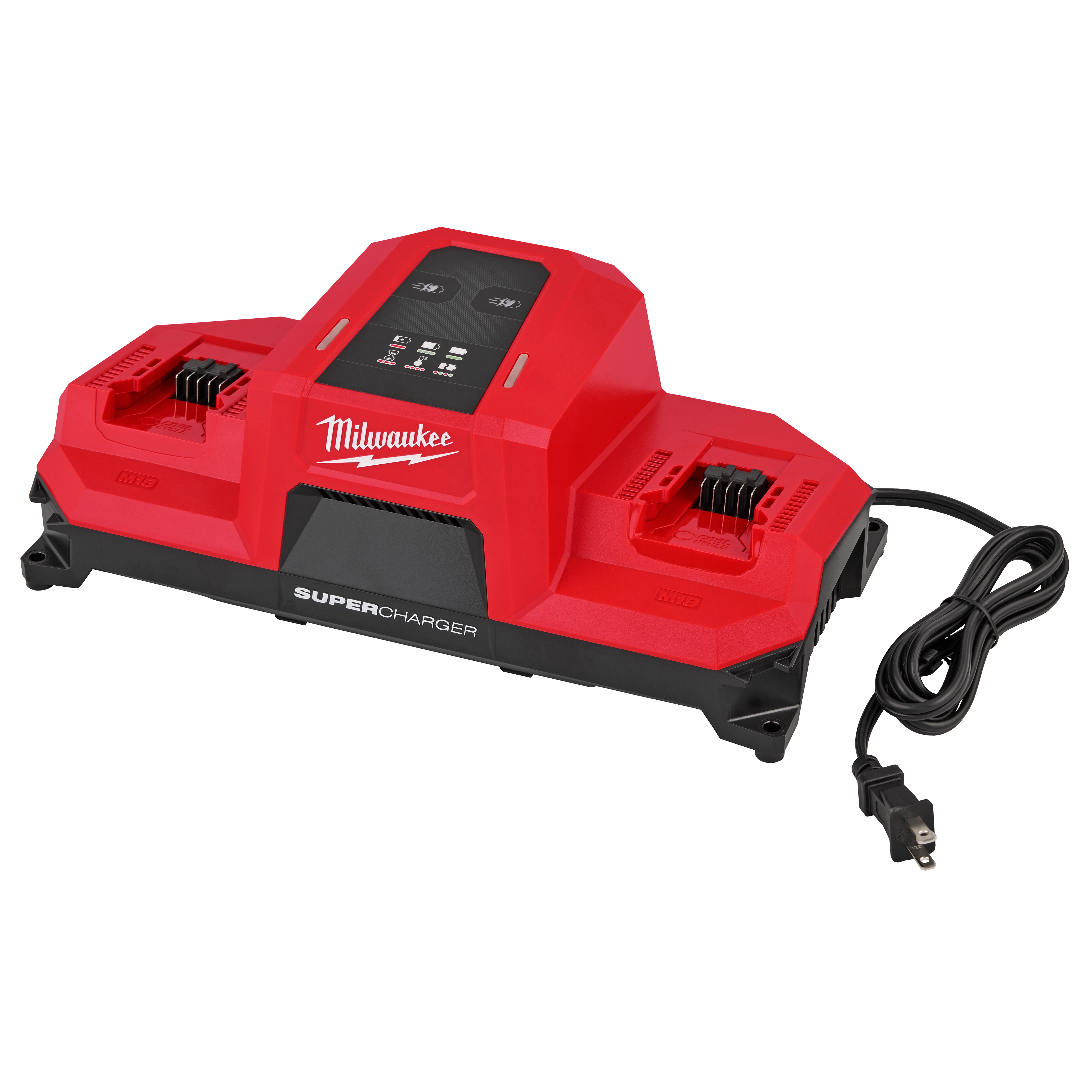 The image shows a red Milwaukee M18™ Six Bay Daisy Chain Rapid Charger. It has multiple slots for charging batteries and features a power cord. The central unit displays control buttons and indicator lights, labeled "SUPERCHARGER" at the bottom.