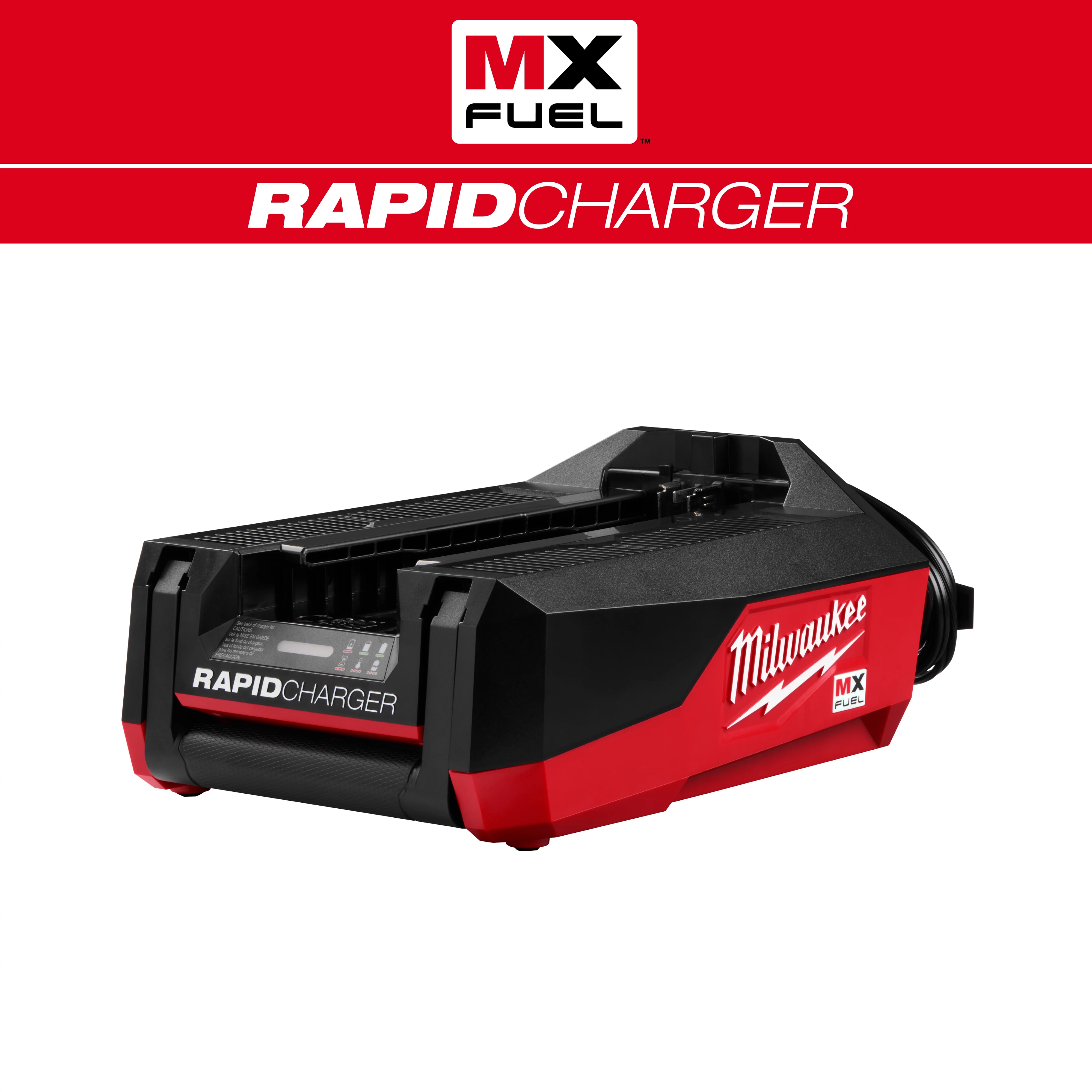 The image shows an MX FUEL™ Rapid Charger by Milwaukee. The charger is black and red with a sleek, angular design. The Milwaukee logo is displayed prominently, and "RAPID CHARGER" is written on the front. The top banner also features “MX FUEL™ Rapid Charger.”