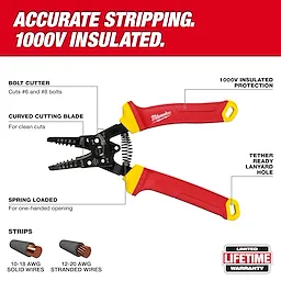 Walkaround image of the Milwaukee 1000V Insulated 10-20 AWG Wire Stripper & Cutter highlighting its USPs