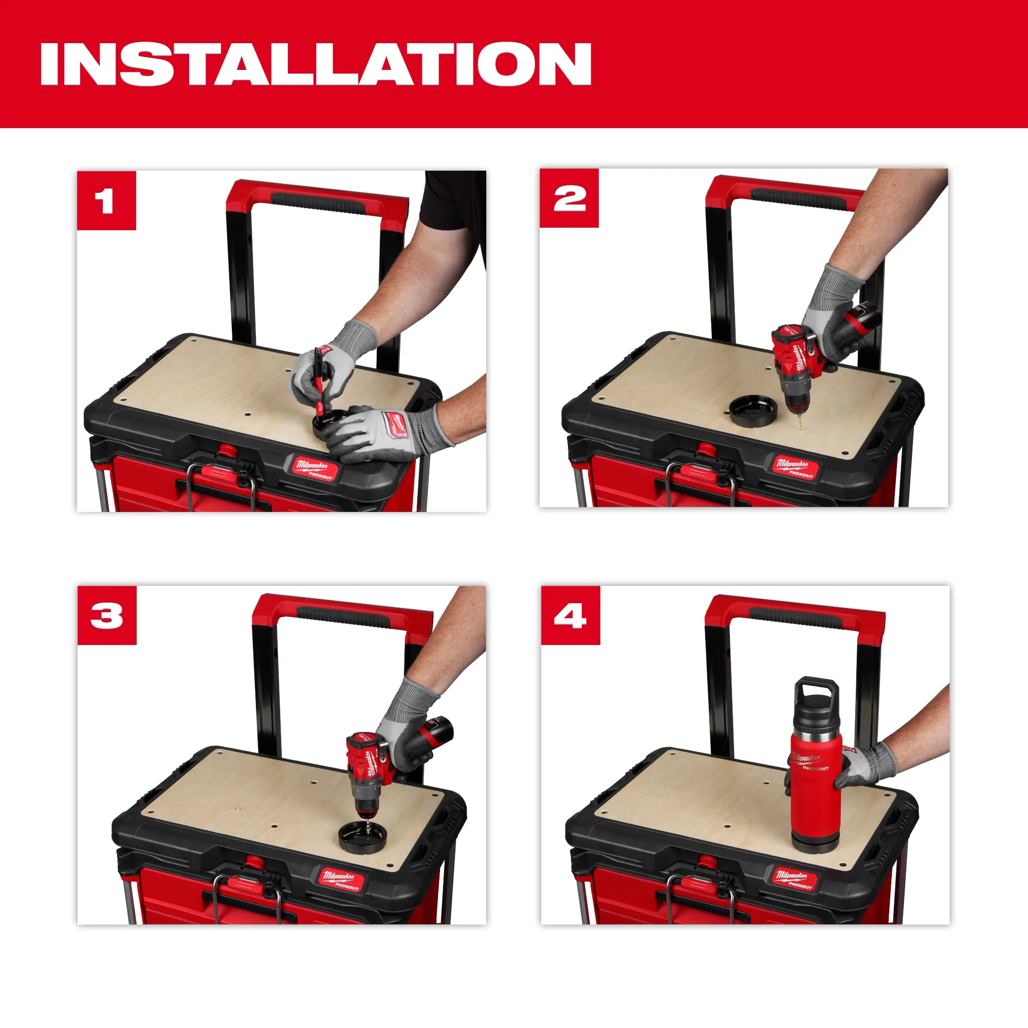 Installation image of the Milwaukee PACKOUT Insulated Bottle on the PACKOUT Modular Storage System