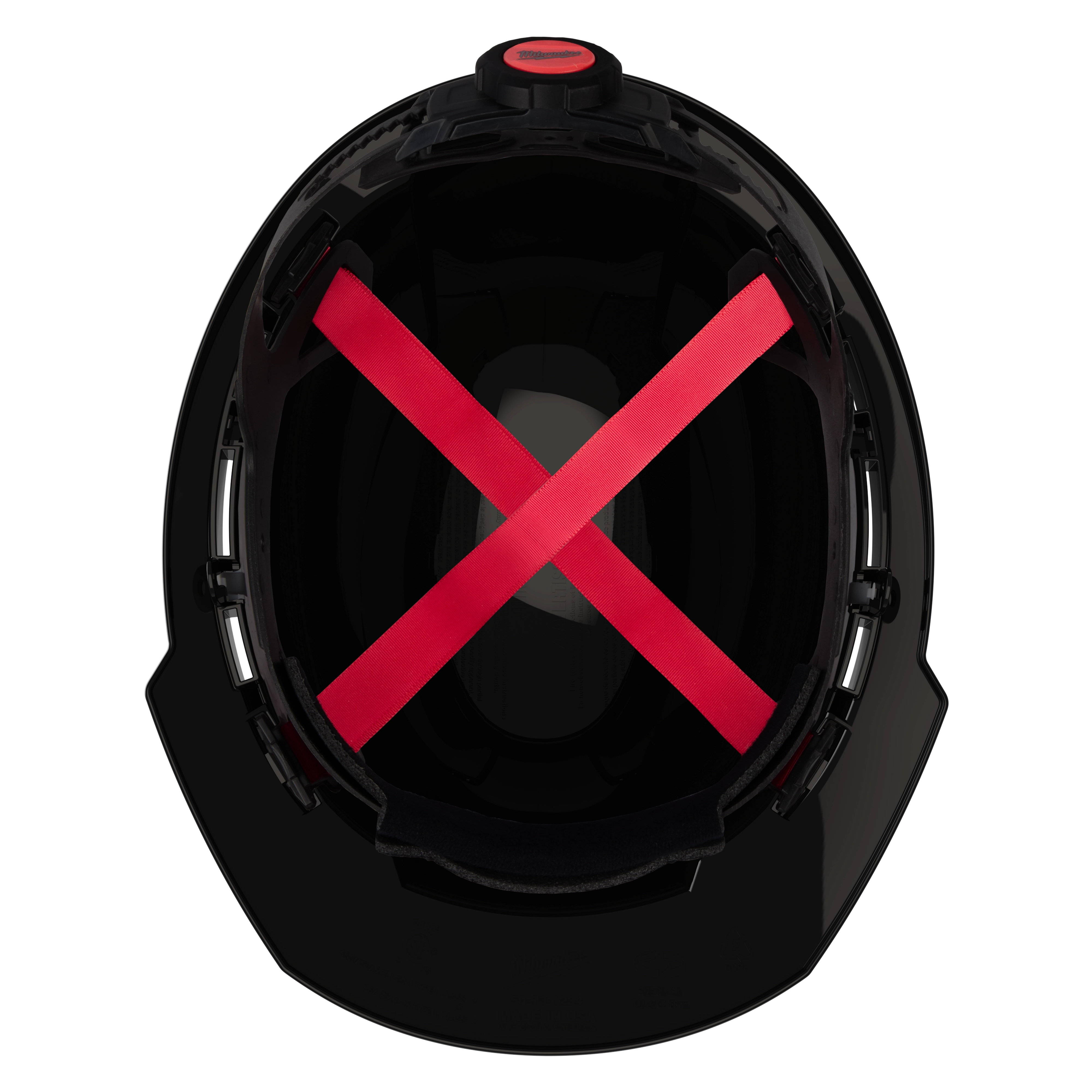 Top view of a black helmet with red interior straps arranged in an X pattern.