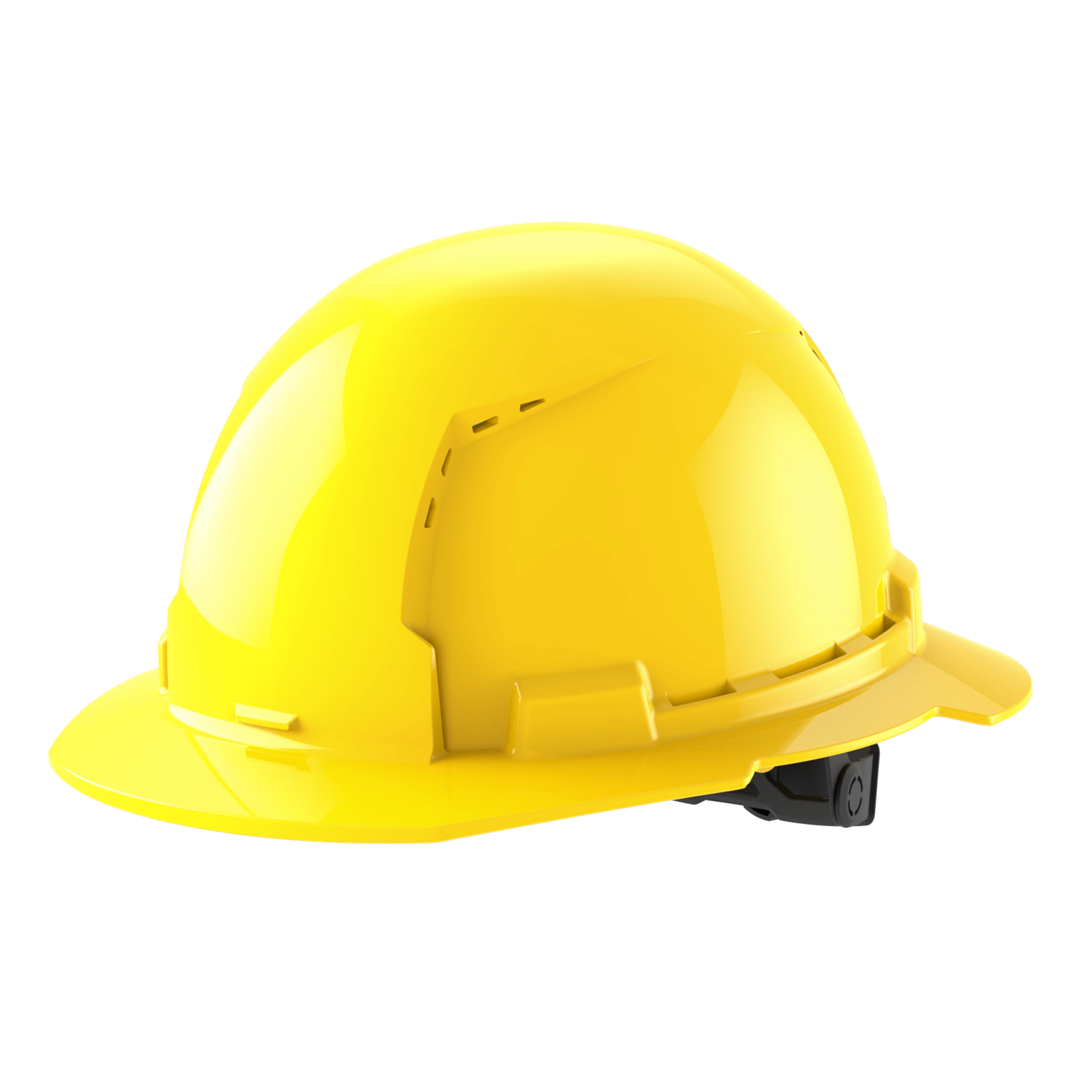 A bright yellow construction helmet with a visor, side vents, and an adjustable strap.