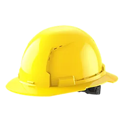 A bright yellow construction helmet with a visor, side vents, and an adjustable strap.