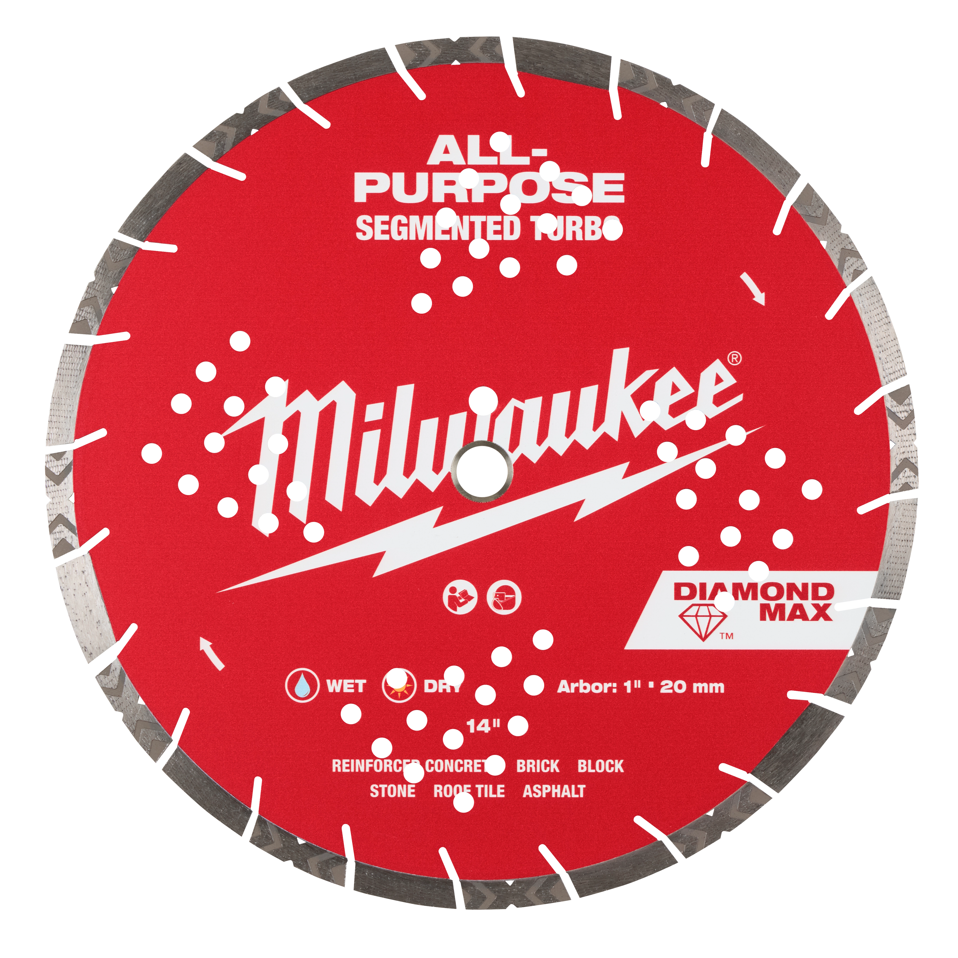 The image shows a 14" DIAMOND MAX™ All-Purpose Segmented Turbo Diamond Blade. The blade is red with the "Milwaukee" brand logo in white. It has various vent holes around the blade and is designed for cutting materials like concrete, brick, and stone.