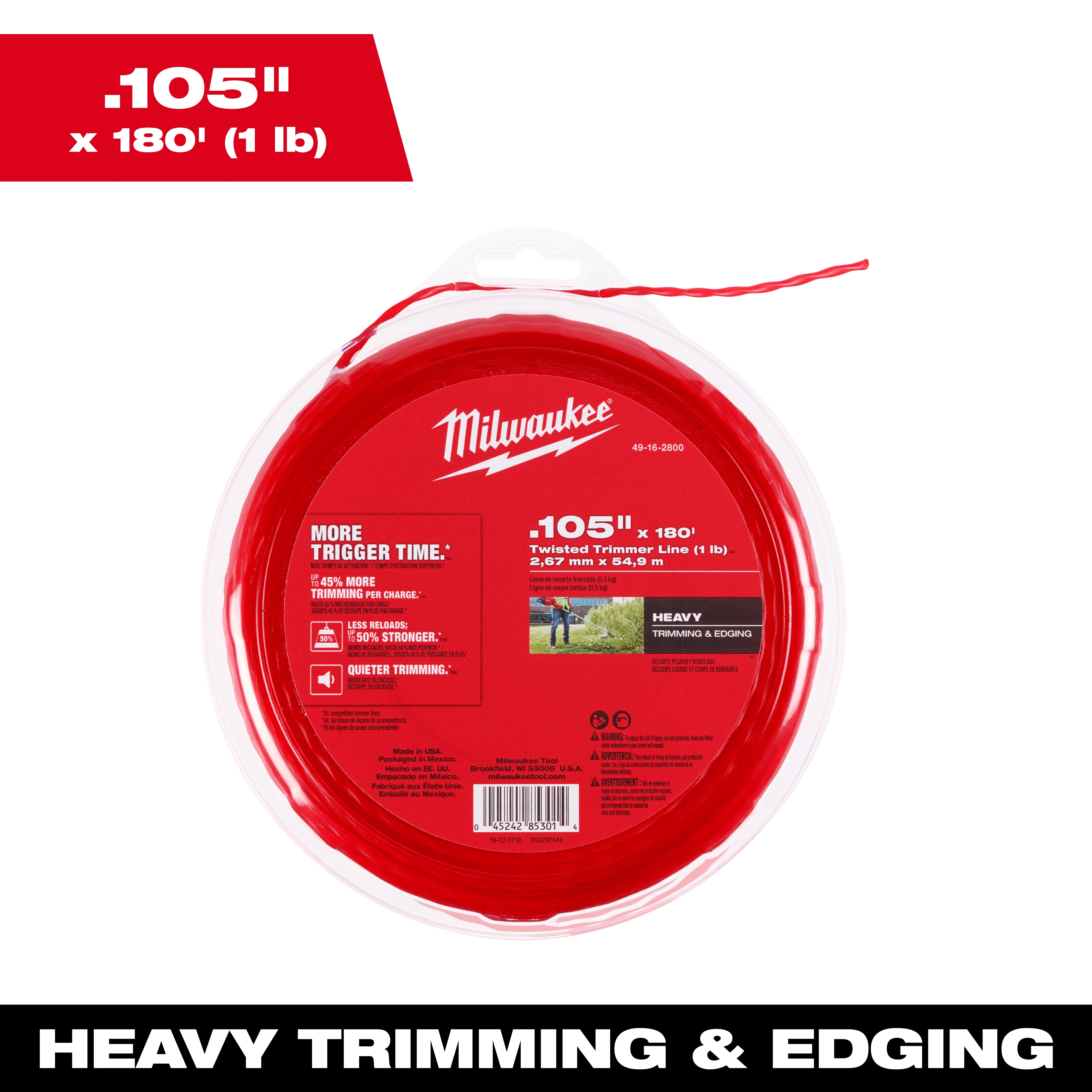 Red Milwaukee trimmer line, .105-inch by 180 feet, for heavy trimming and edging, displayed in packaging.