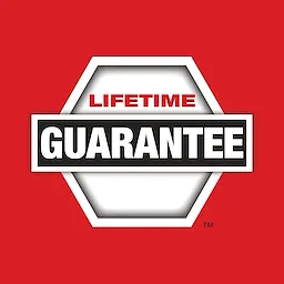 Lifetime guarantee logo on red background