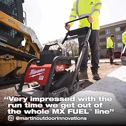 A person uses a Milwaukee MX Fuel equipment at a construction site. Text overlay praises the tool's run time.