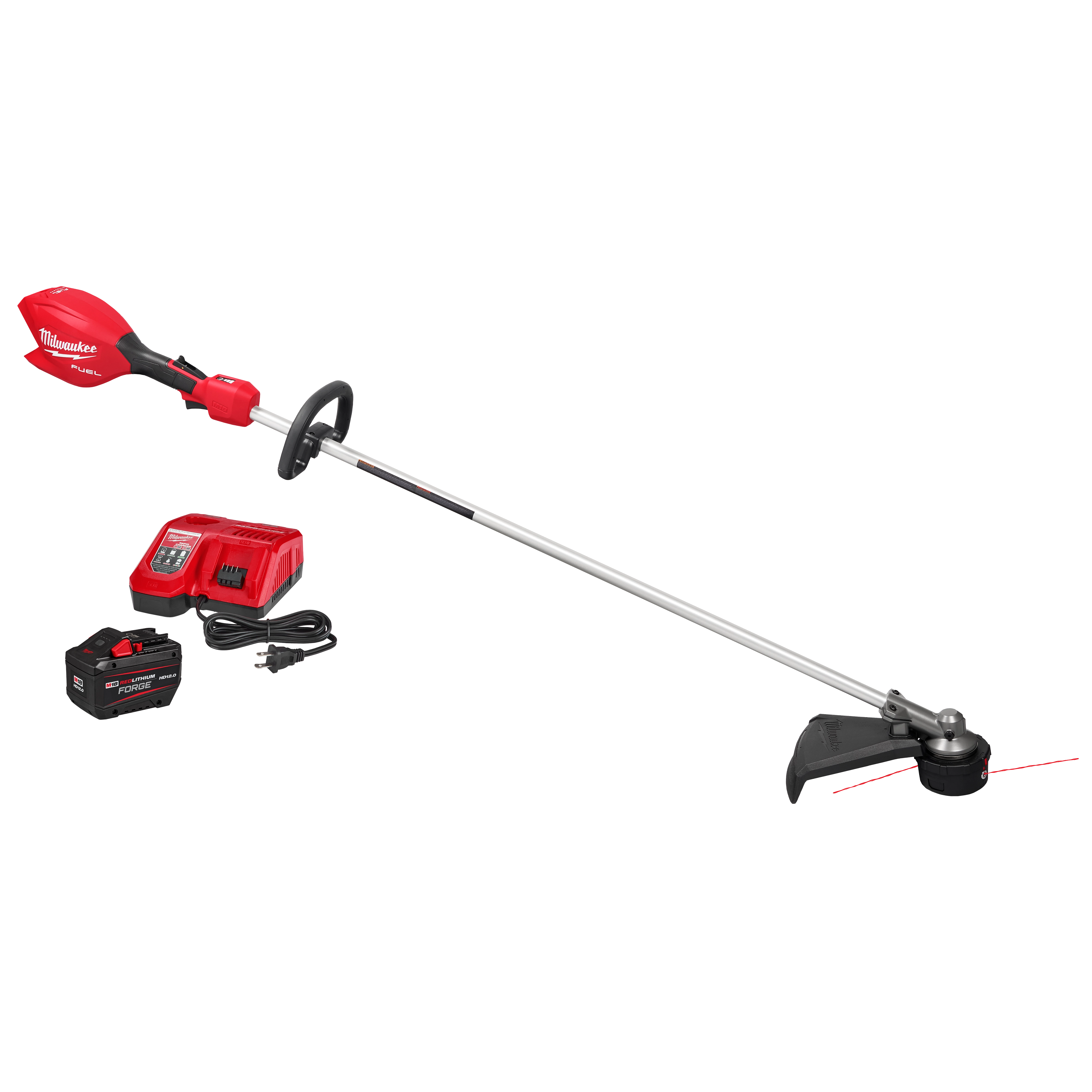 Red and black cordless string trimmer with battery pack, charging station, and power cord.