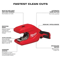 Walkaround image of the Milwaukee M12 Brushless 1-1/4" - 2" Copper Tubing Cutter highlighting its USPs