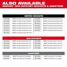 Metric sockets, SAE sockets, and adapters are available for the box ratchet