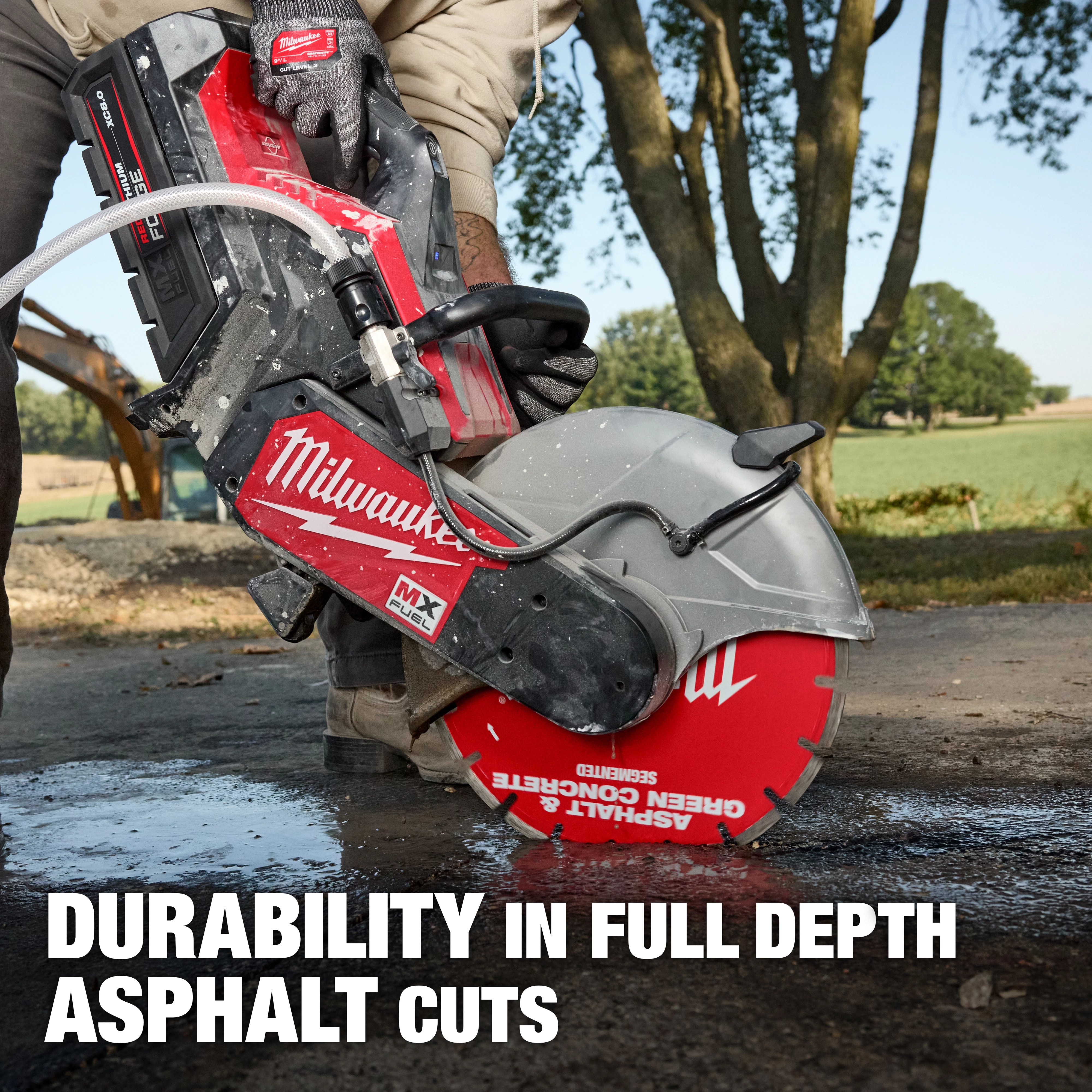 A person is using a power saw equipped with an Asphalt & Green Concrete Segmented Diamond Blade to cut into the ground. The saw is red and labeled with "Milwaukee." The text "DURABILITY IN FULL DEPTH ASPHALT CUTS" is displayed on the image.