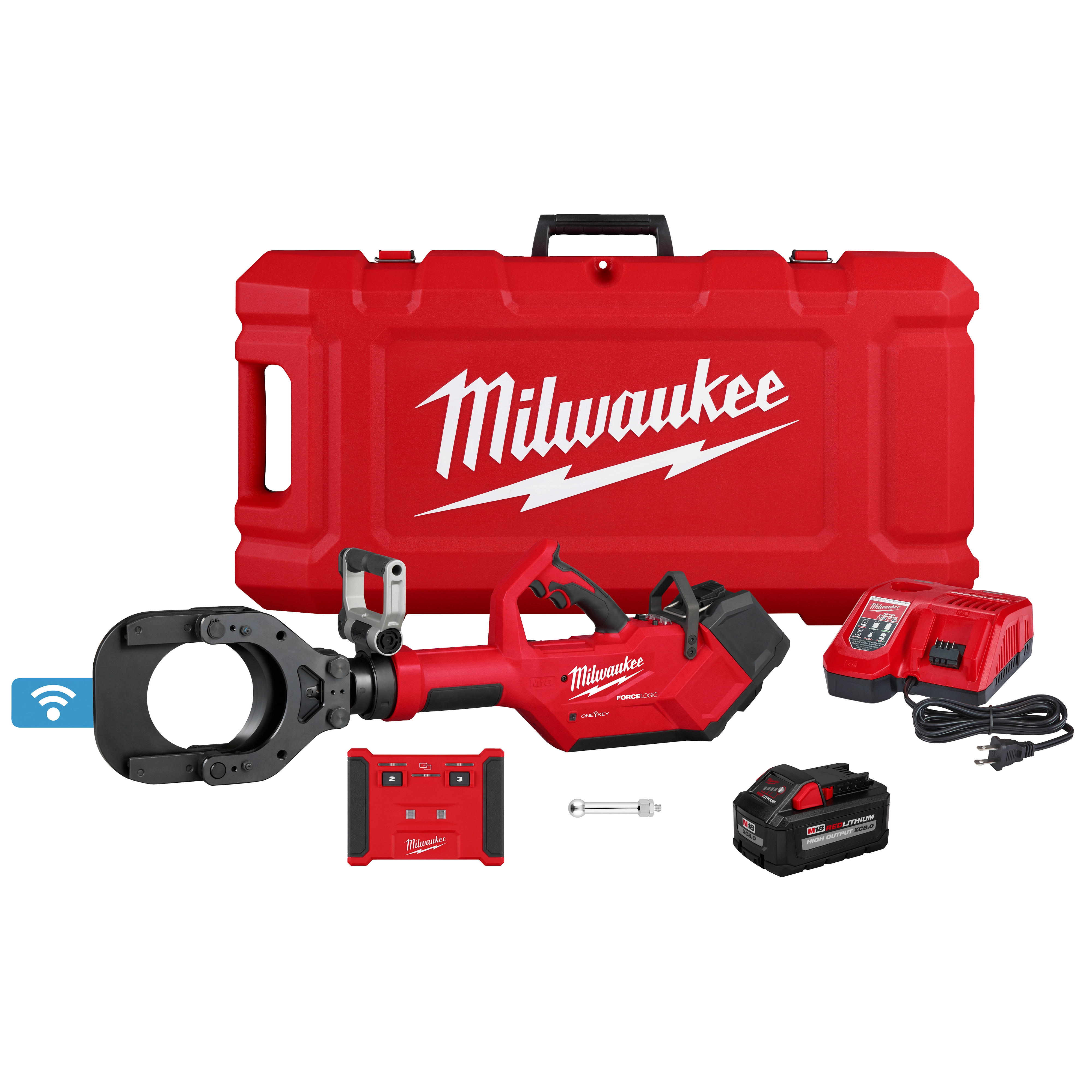 The image features the M18™ FORCE LOGIC™ 5” Underground Cable Cutter with Wireless Remote. The kit includes the cable cutter, a wireless remote, a red Milwaukee-branded carrying case, a battery charger, a battery, and an additional tool.